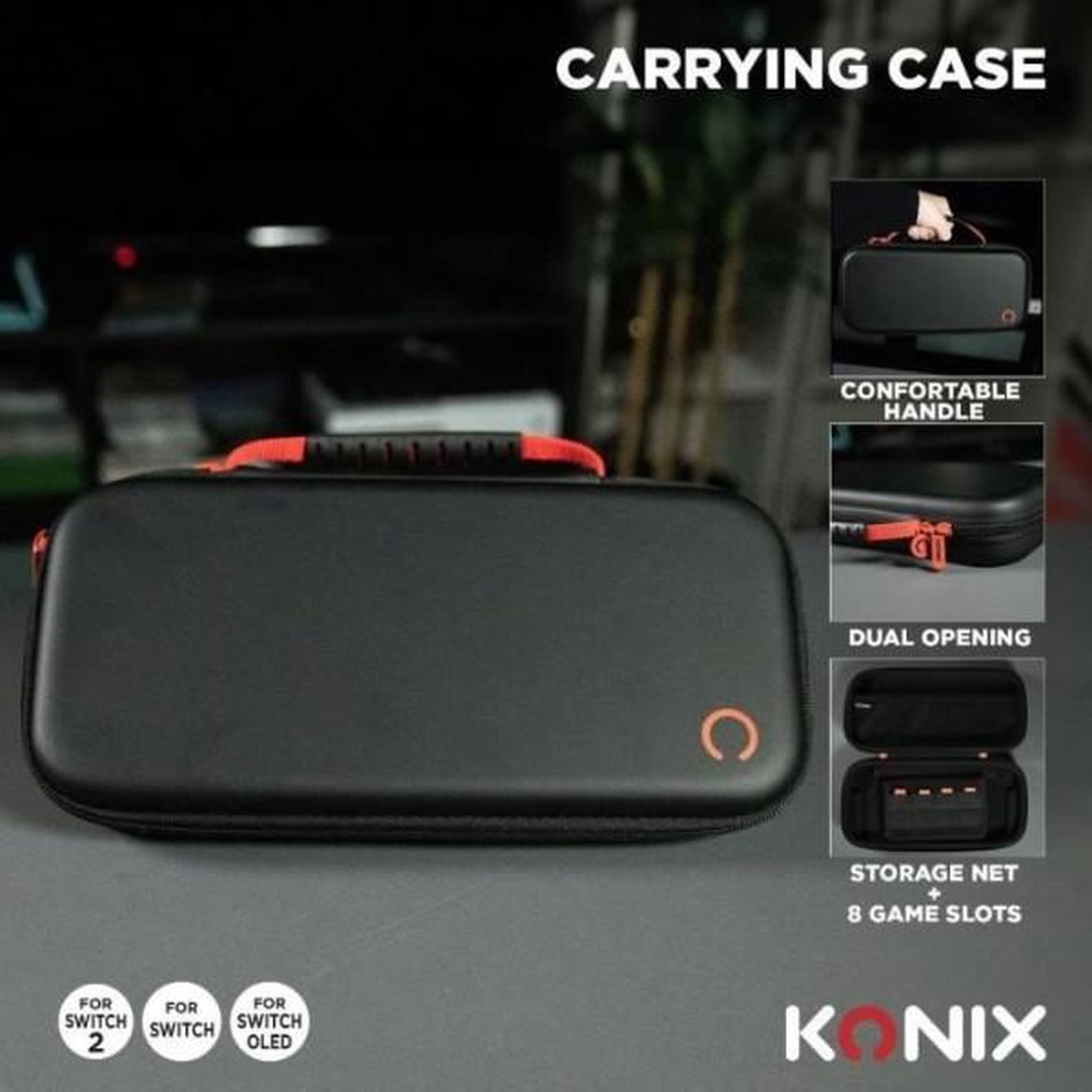 Voir la diapositive 3 : Konix Housse de protection et transport - KONIX - Console Nintendo Switch 2 - Filet rangement accessoires - 8 compartiments jeux - Noi