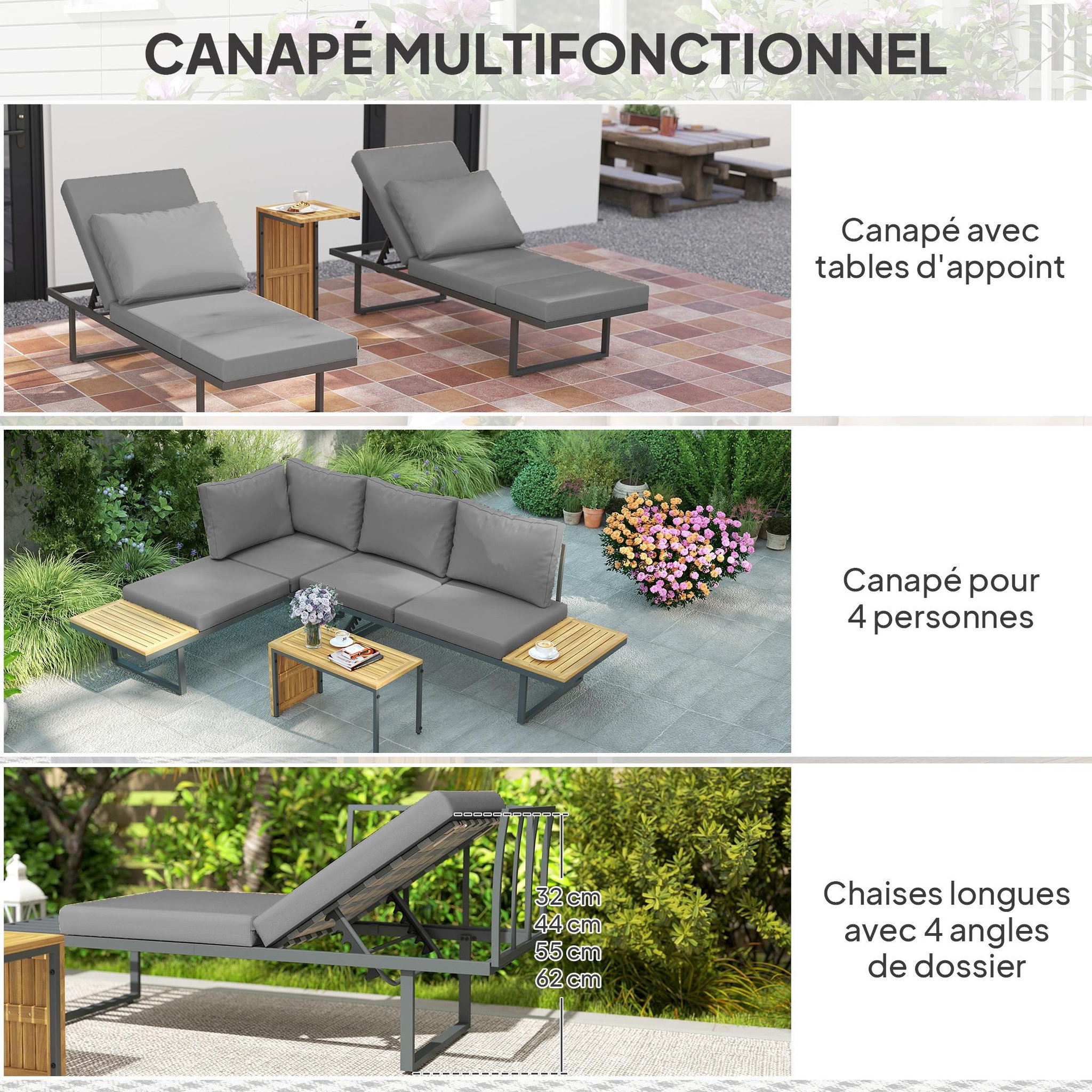 Voir la diapositive 5 : OUTSUNNY Ensemble salon de jardin 4 places modulable réglable avec table basse acier gris bois d'acacia verni
