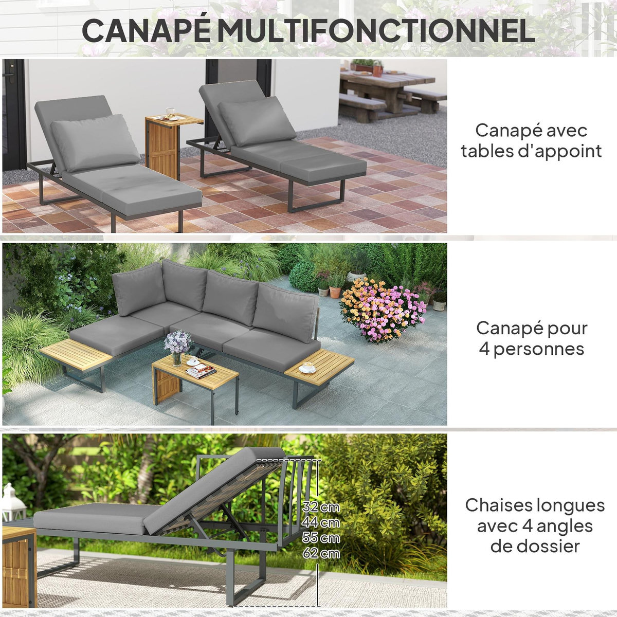 OUTSUNNY Ensemble salon de jardin 4 places modulable réglable avec table basse acier gris bois d'acacia verni