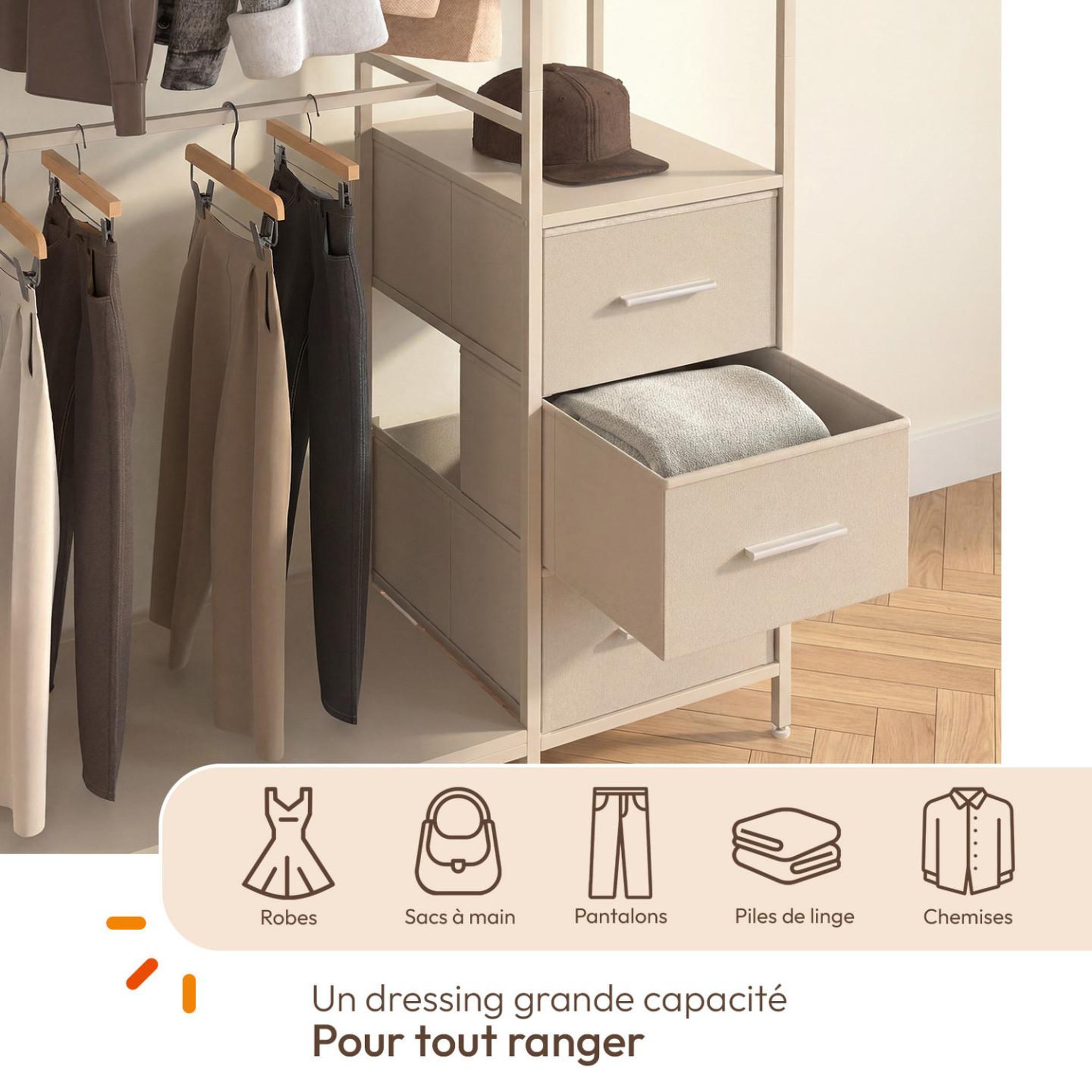 Voir la diapositive 5 : ID MARKET Dressing double penderie + double colonne l. 140 cm utah avec 6 étagères et 6 bacs en tissu beige