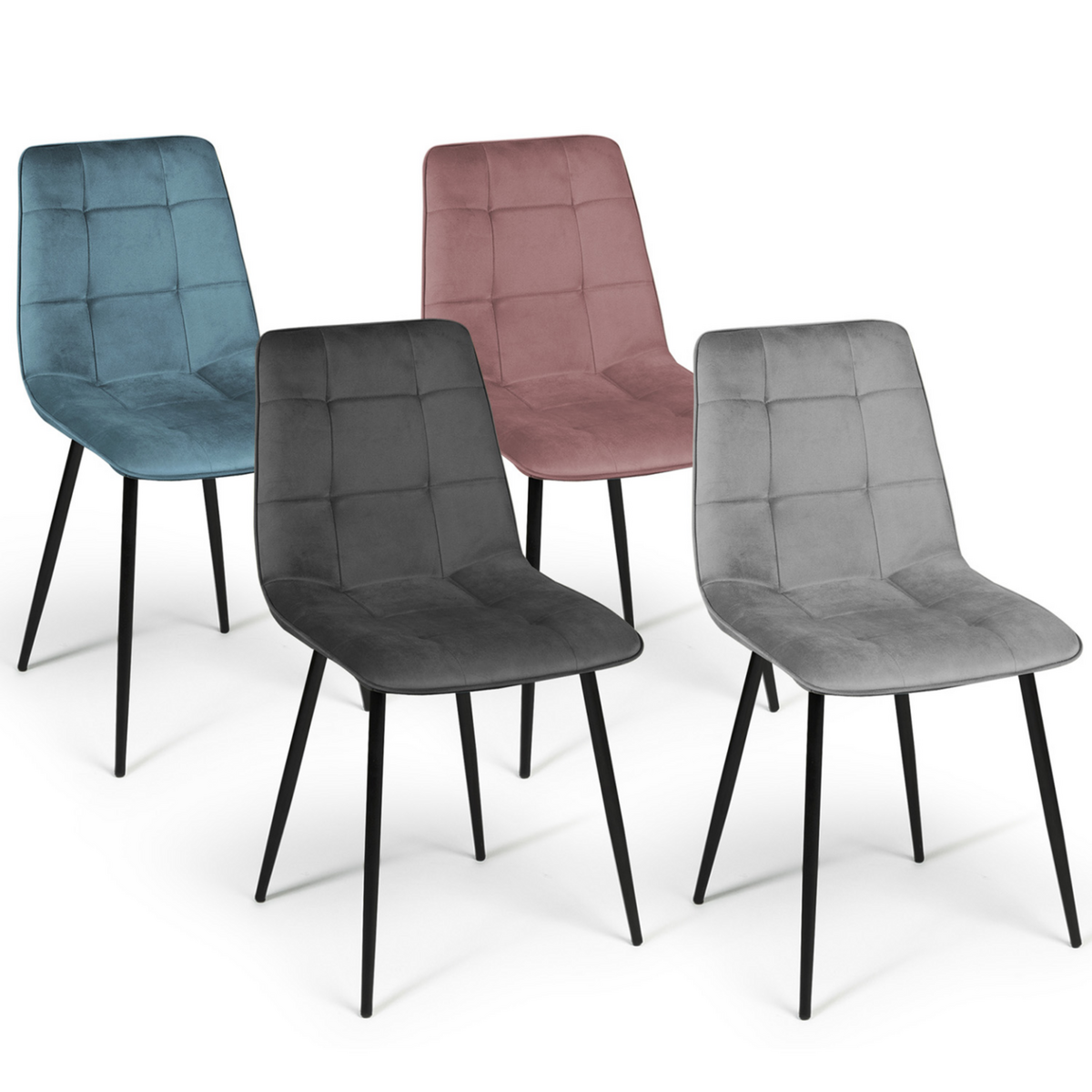 ID MARKET Lot de 4 chaises MILA en velours mix color pastel bleu, gris clair, gris foncé, rose