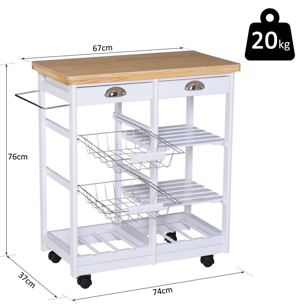 HOMCOM Chariot de service desserte de cuisine à roulettes multi-rangements 74L x 37l x 76H cm plateau bois massif pin châssis MDF