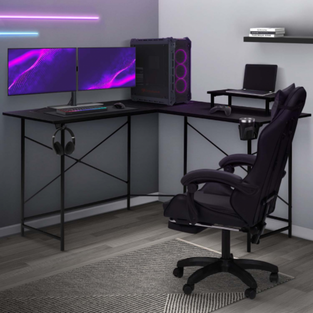 ID MARKET Bureau gaming d'angle noir ALEXIS support pour écran porte gobelet et accessoires