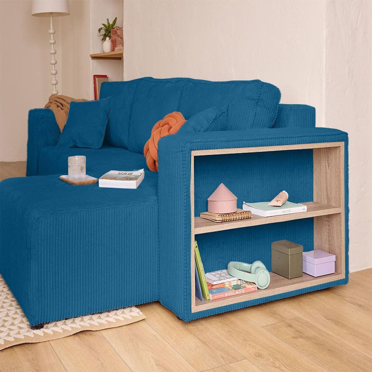 BEST MOBILIER Topaze - canapé d'angle réversible 4 places - convertible avec coffre, tablette et poufs - en velours côtelé