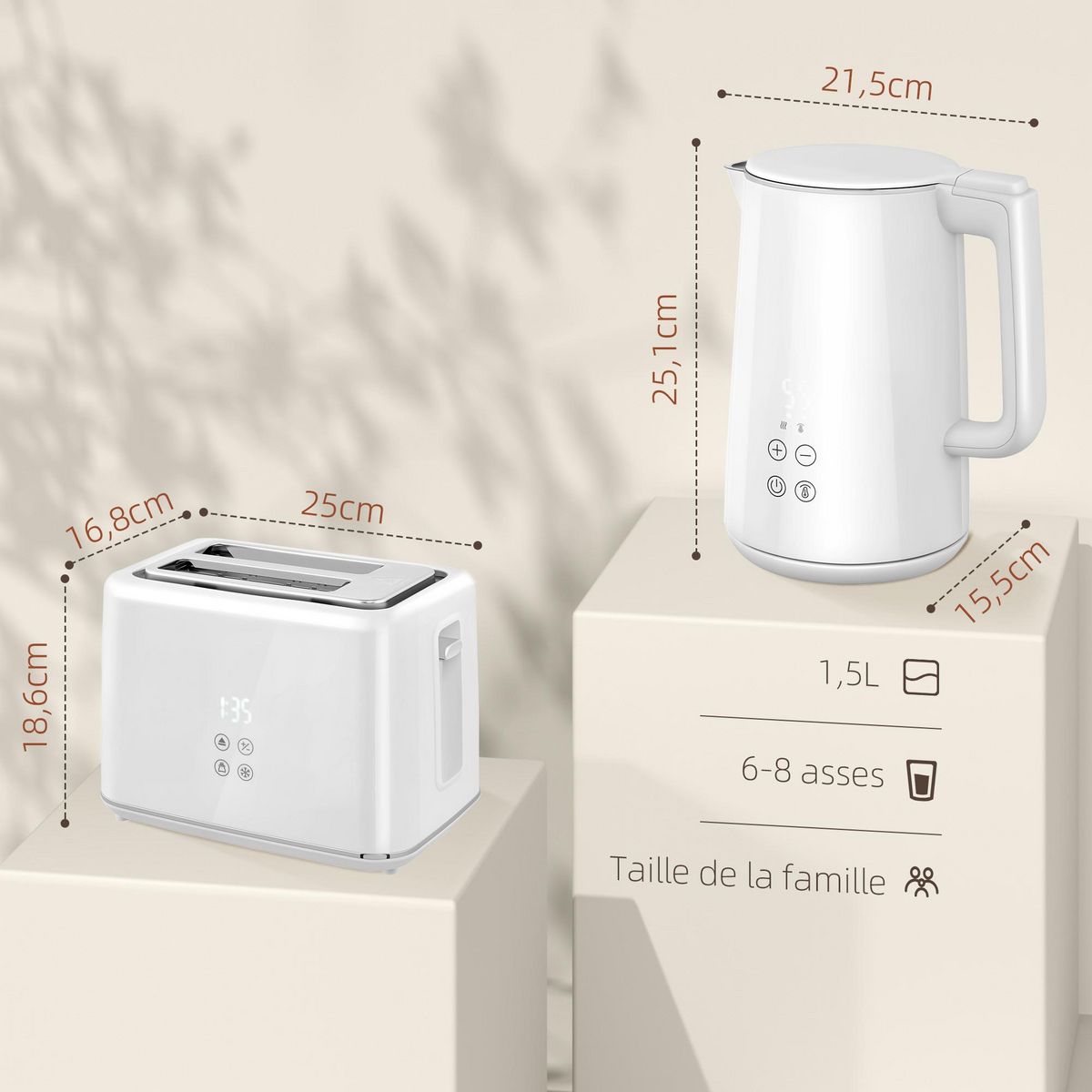 HOMCOM Ensemble bouilloire 1,5L et grille-pain 2200W 2 tranches 7 niveaux de brunissage plateau à miettes blanc gris