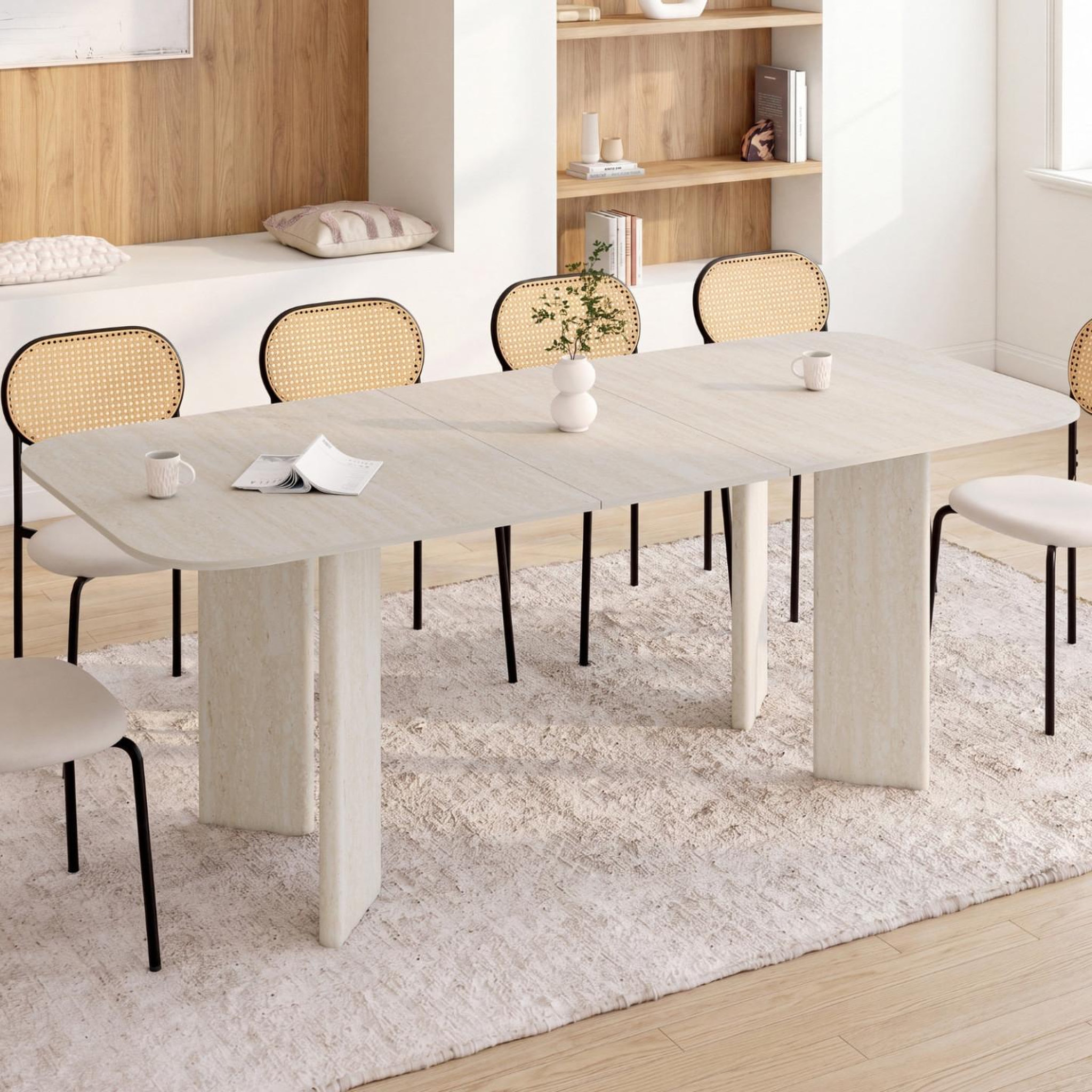 Voir la diapositive 2 : ID MARKET Table à manger extensible rectangulaire arrondie capucine 6-10 personnes 4 pieds design arrondi façon travertin 160-200 cm