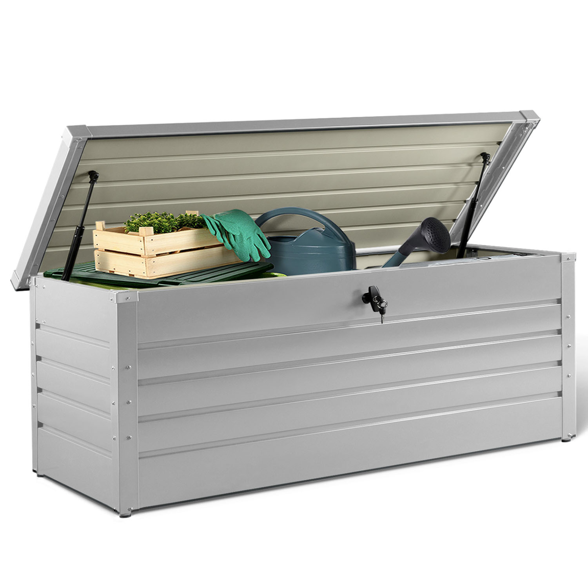 ID MARKET Coffre de rangement métal verrouillable gris clair pour jardin 600l 165x70x63 cm
