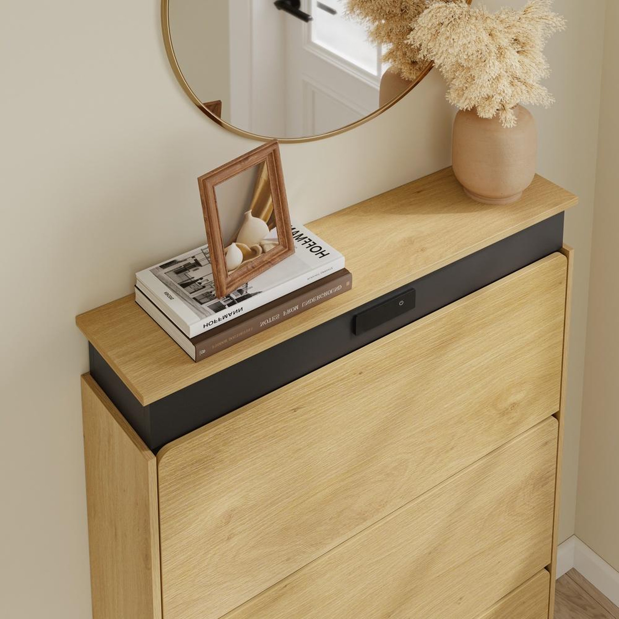 Voir la diapositive 4 : SOBUY Armoire à chaussures 3 portes rabattables avec séchage led chêne clair 78x19x115,4cm