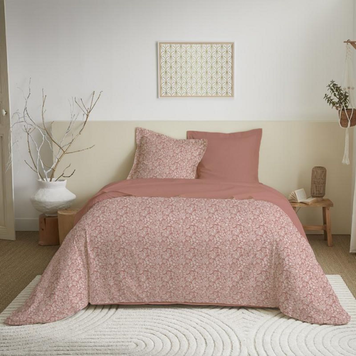 COTON PUR Parure de draps 4 pièces pour lit 160 x 200 cm  Grande largeur  Céleste pêche