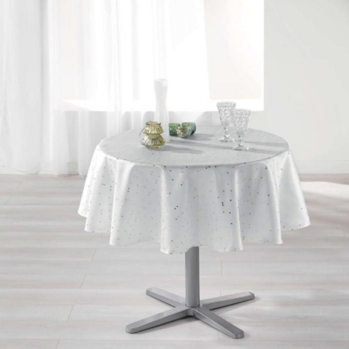 Paris Prix Nappe Ronde Imprimée  Shantung  180cm Blanc