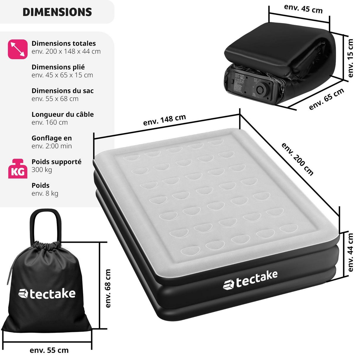 tectake Matelas gonflable avec pompe électrique sac de transport inclus 200x101x44cm
