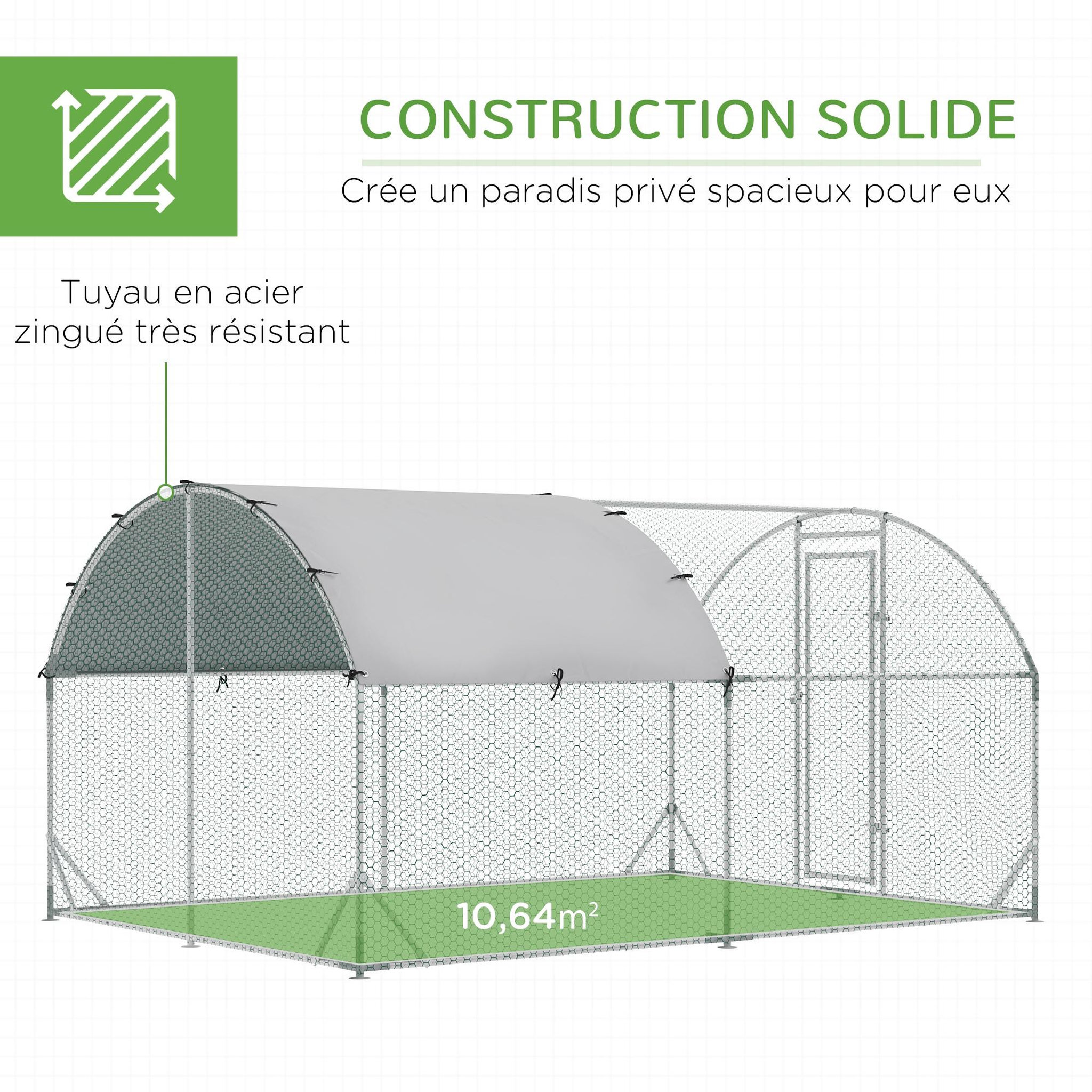 Voir la diapositive 6 : PAWHUT Enclos poulailler chenil 10,64 m² - parc grillagé dim. 3,8L x 2,8l x 1,97H m - espace couvert - acier galvanisé