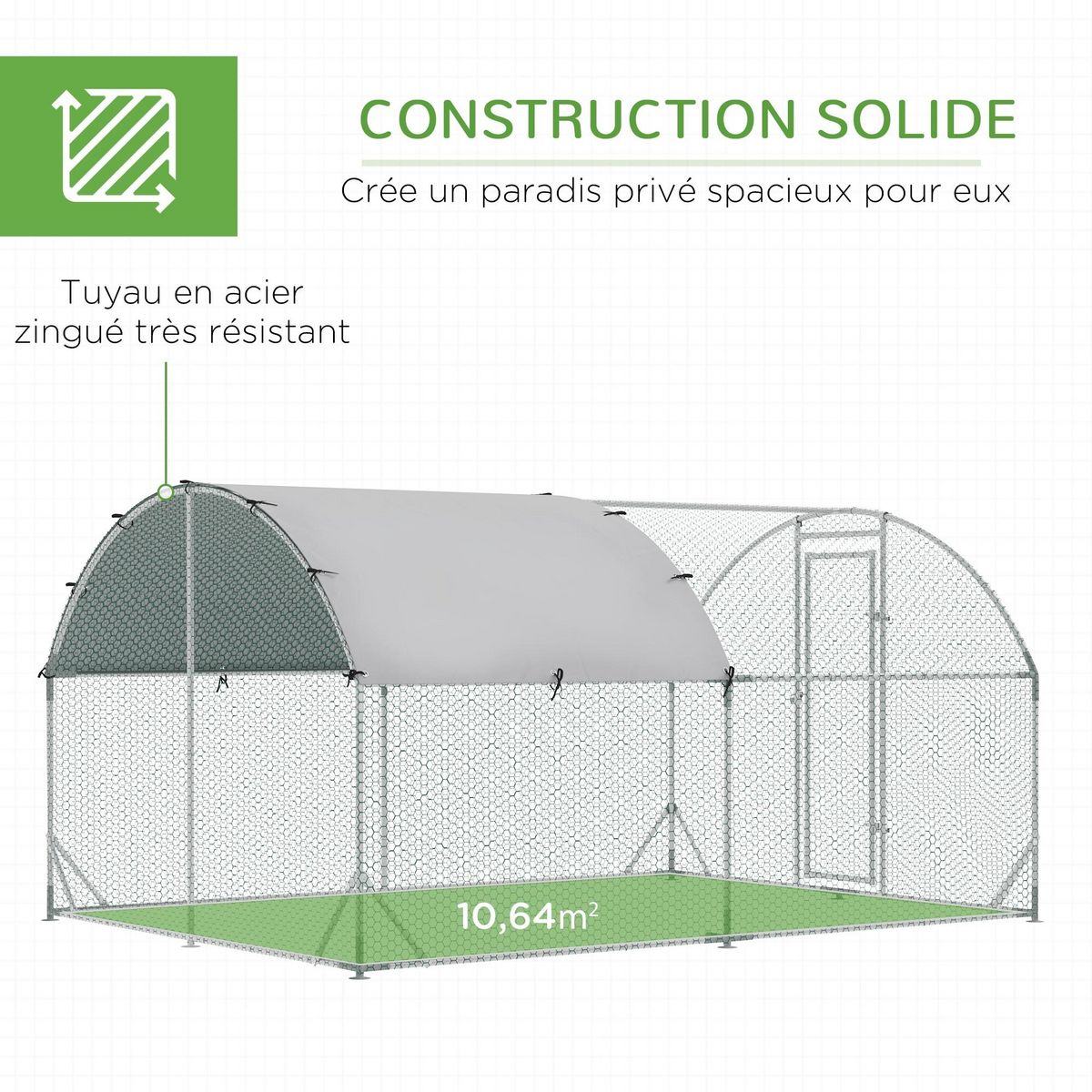 PAWHUT Enclos poulailler chenil 10,64 m² - parc grillagé dim. 3,8L x 2,8l x 1,97H m - espace couvert - acier galvanisé