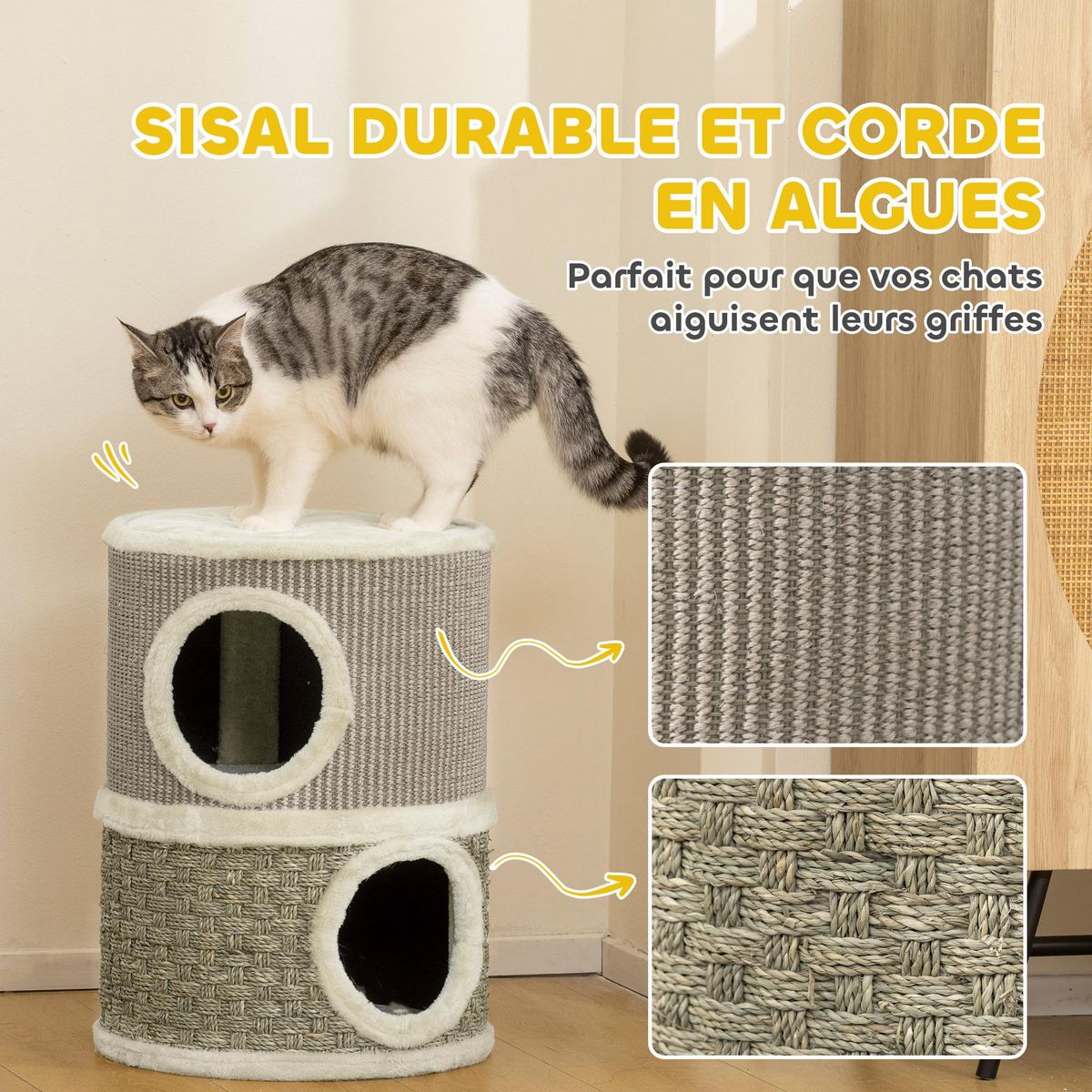 PAWHUT Arbre à chat cylindrique - tour à griffer pour chat - arbre à chat tour - tonneau griffoir - 2 niches + plateforme - sisal corde d'algues beige