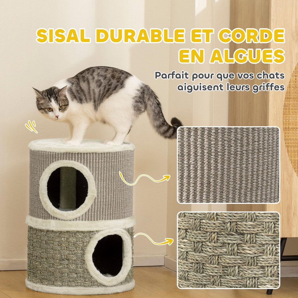 PAWHUT Arbre à chat cylindrique - tour à griffer pour chat - arbre à chat tour - tonneau griffoir - 2 niches + plateforme - sisal corde d'algues beige