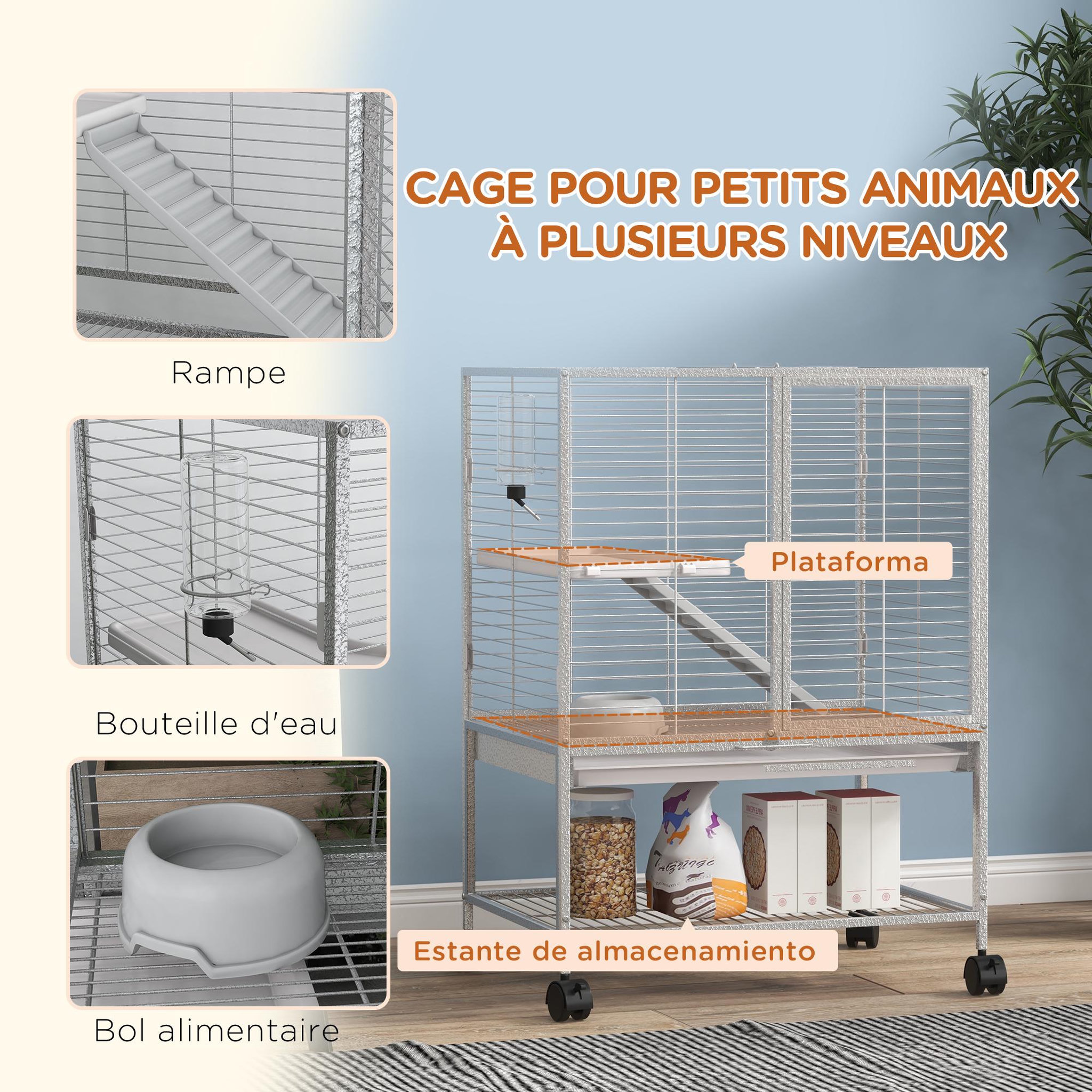 Voir la diapositive 5 : PAWHUT Cage pour rongeurs furet chinchilla plateforme rampe 2 portes biberon gamelle plateau étagère acier gris clair