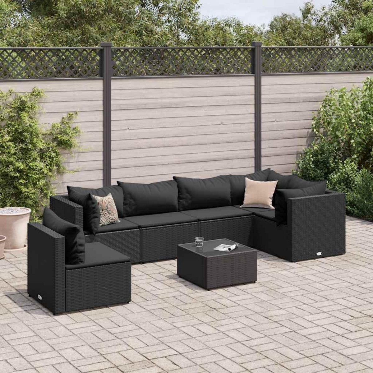 VIDAXL Salon de jardin 7 pcs avec coussins Noir Resine tressee