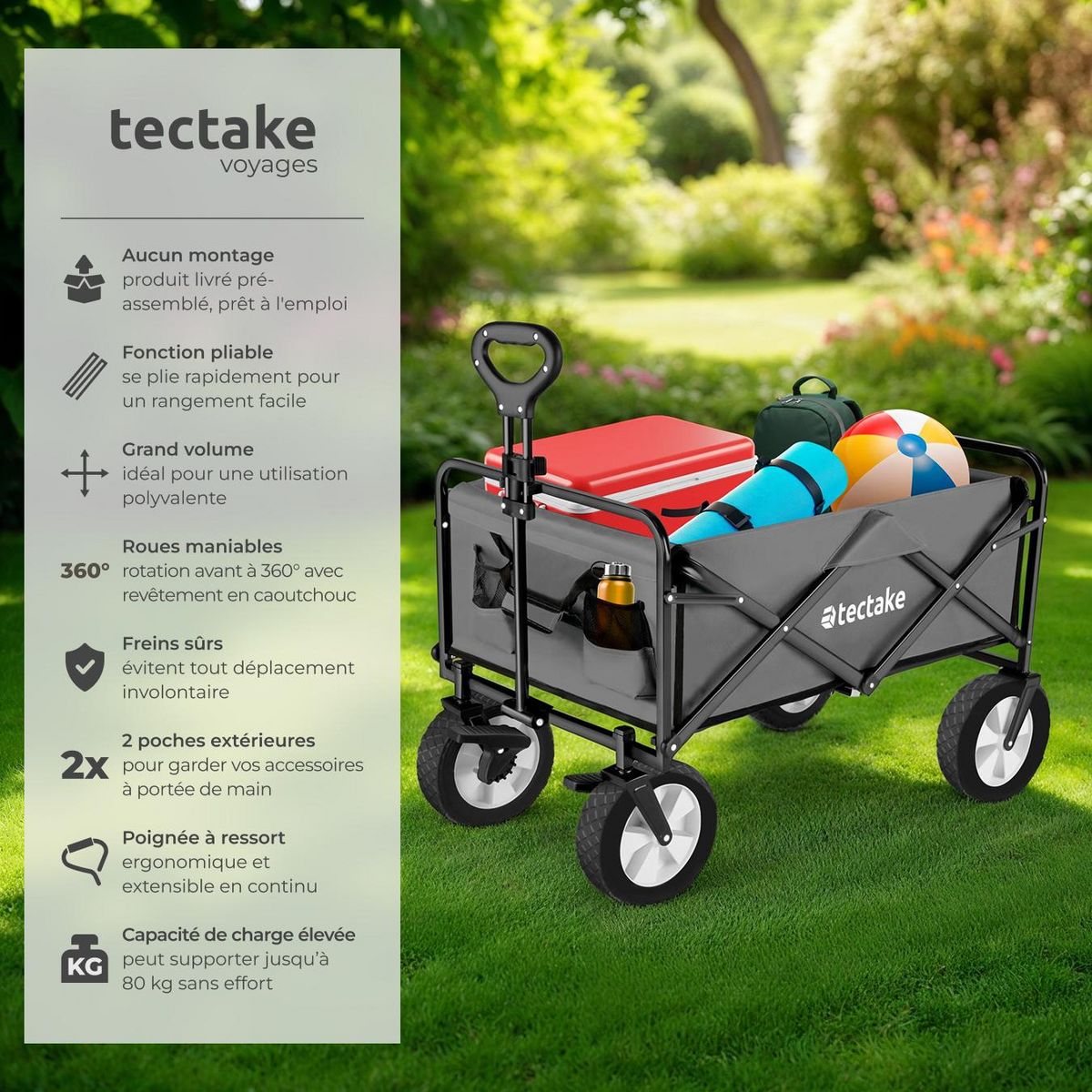 tectake Chariot pliable avec poignée téléscopique gris