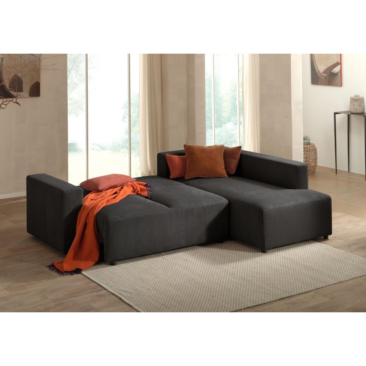 LISA DESIGN Livy - canapé d'angle convertible - avec coffre - en velours côtelé - 5 places - droit