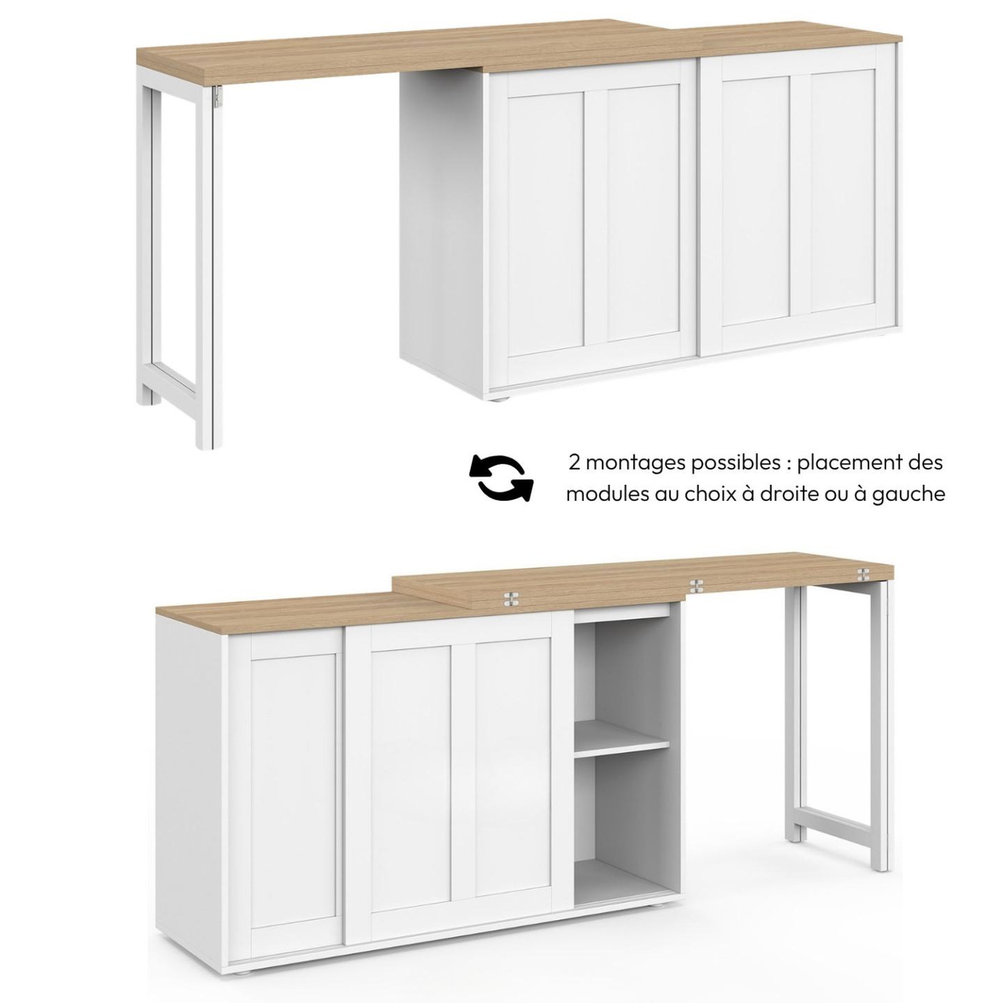Voir la diapositive 6 : ID MARKET Buffet extensible 120 cm 2 portes coulissantes avec table à manger rotative et pliable jango 2 à 4 personnes blanc et bois