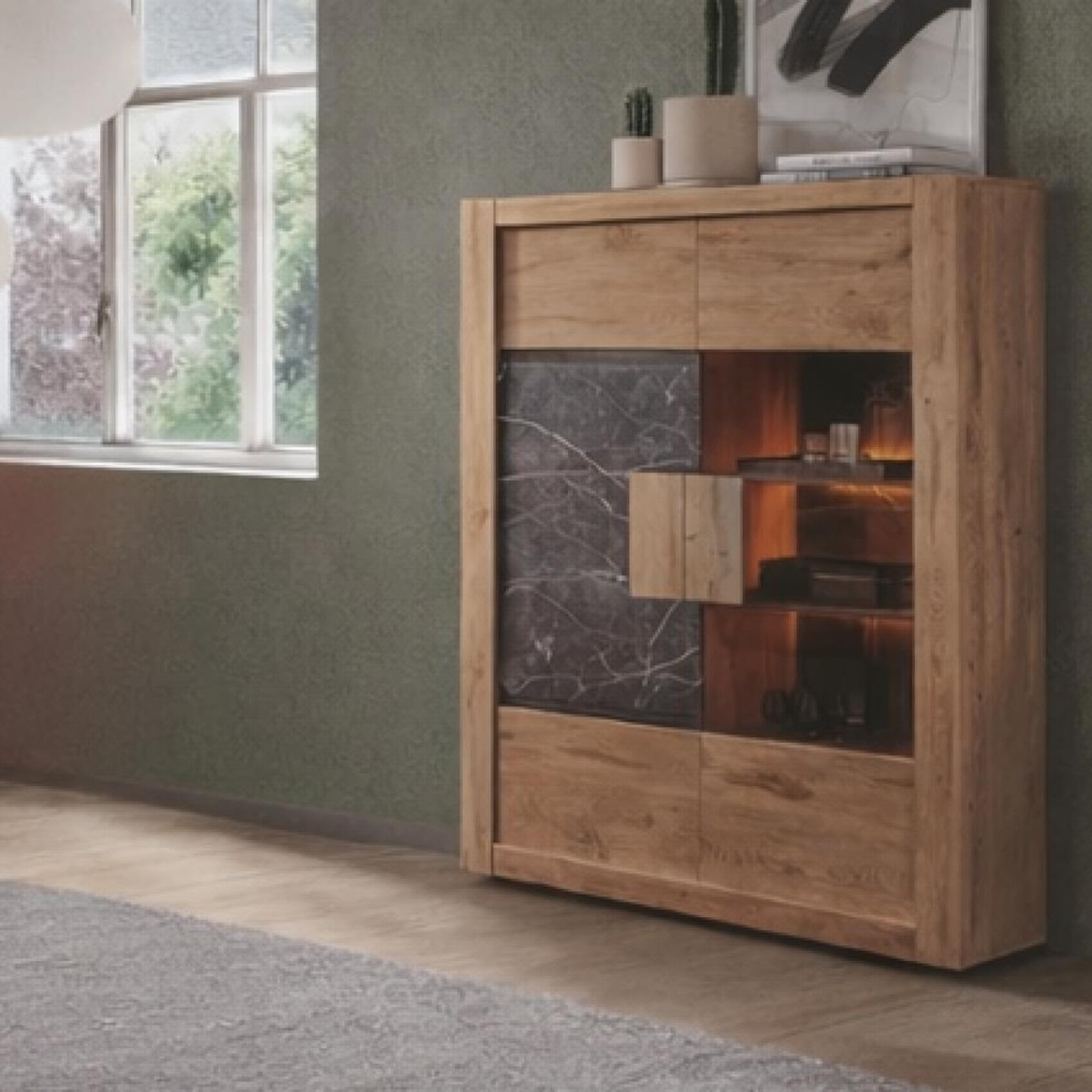 Voir la diapositive 2 : JLC KREATION Vitrine moderne en bois avec portes vitrées et LED RACHA