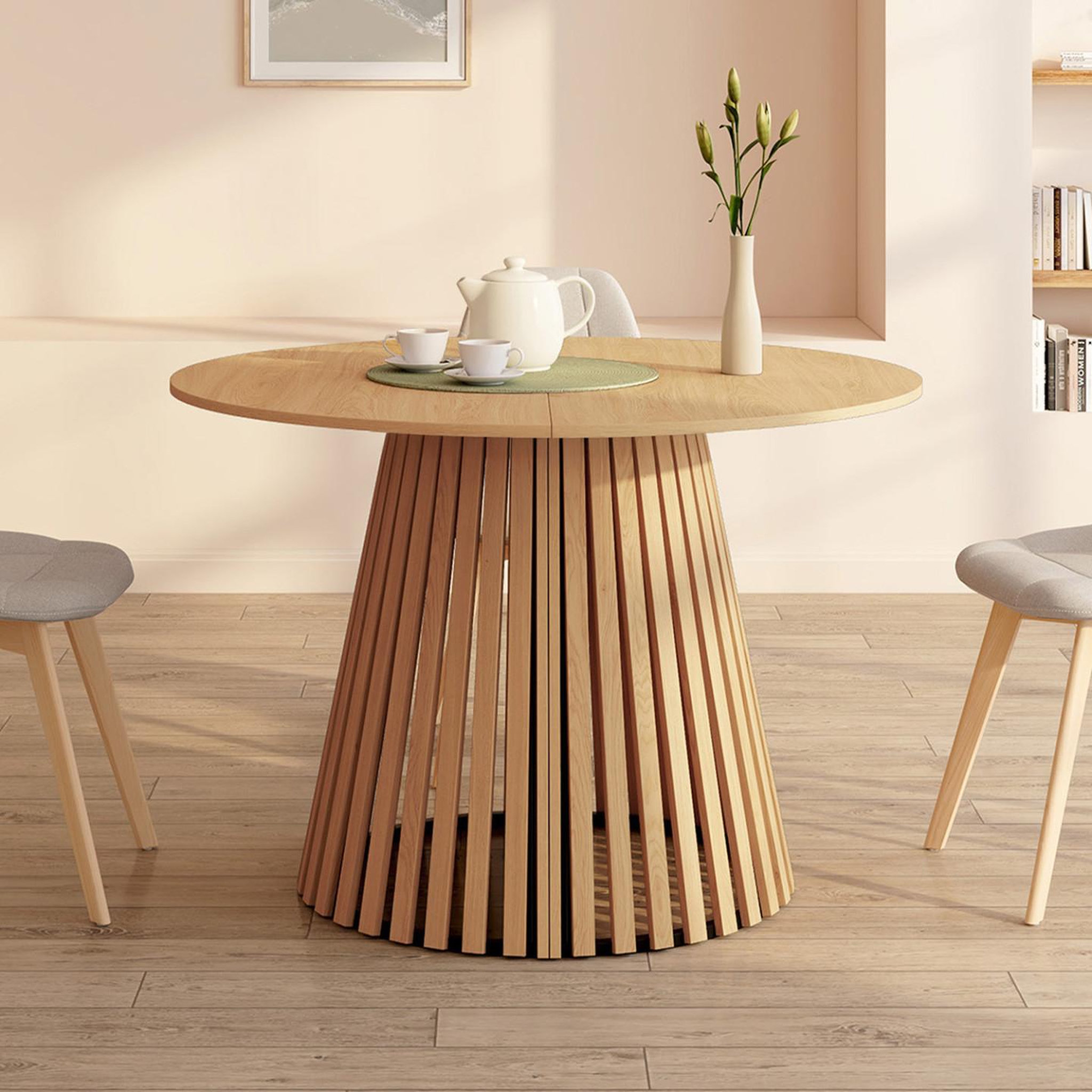 Voir la diapositive 4 : ID MARKET Table à manger extensible ronde carmen 4-10 personnes pied bois en lattes et plateau bois 110-200 cm