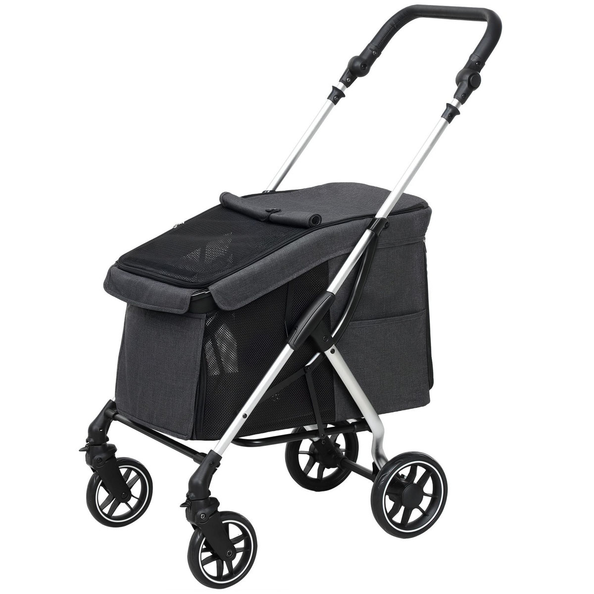 PAWHUT Poussette buggy chien 4 roues pliable - nombreux équipements - alu oxford gris