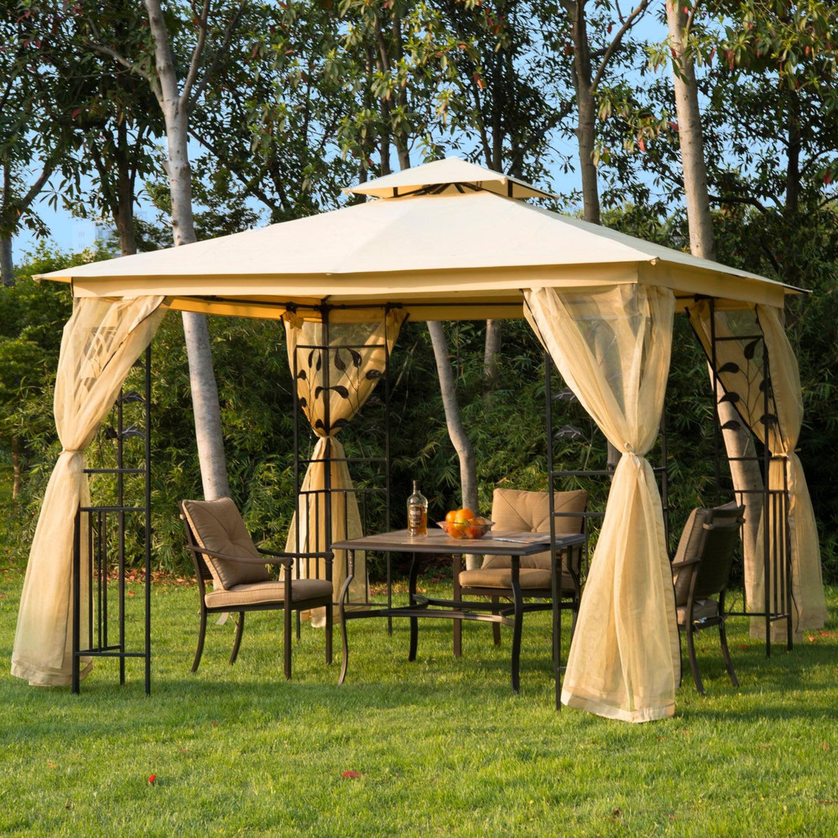 OUTSUNNY Tonnelle barnum style colonial double toit toiles moustiquaires amovibles 3L x 3l x 2,65H m beige noir