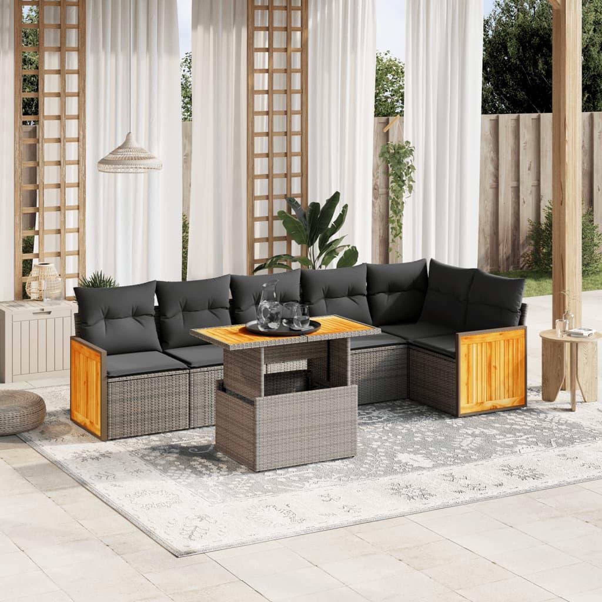 VIDAXL Salon de jardin avec coussins 7 pcs gris resine tressee