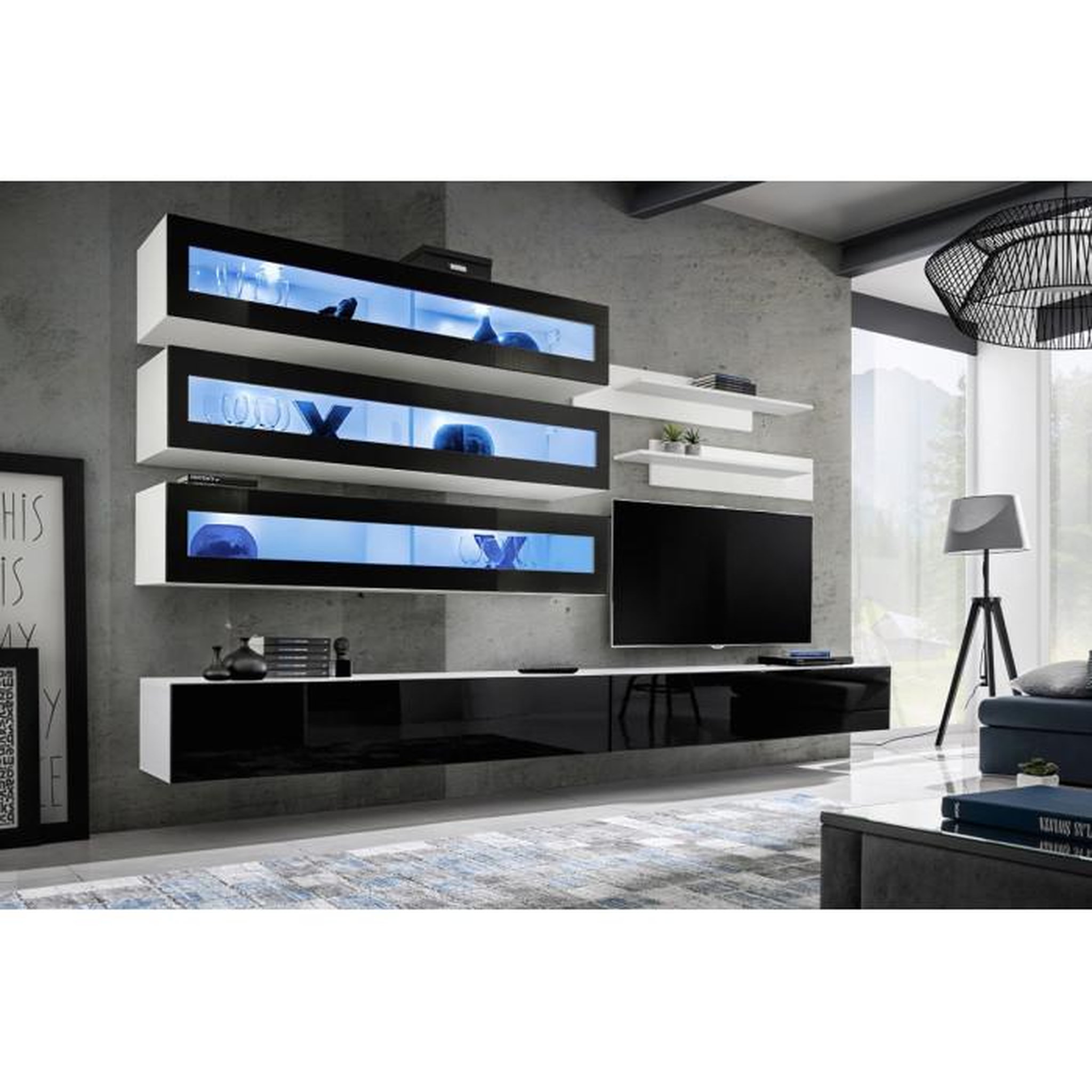 Voir la diapositive 2 : Paris Prix Meuble TV Mural Design  Fly X  320cm Noir & Blanc