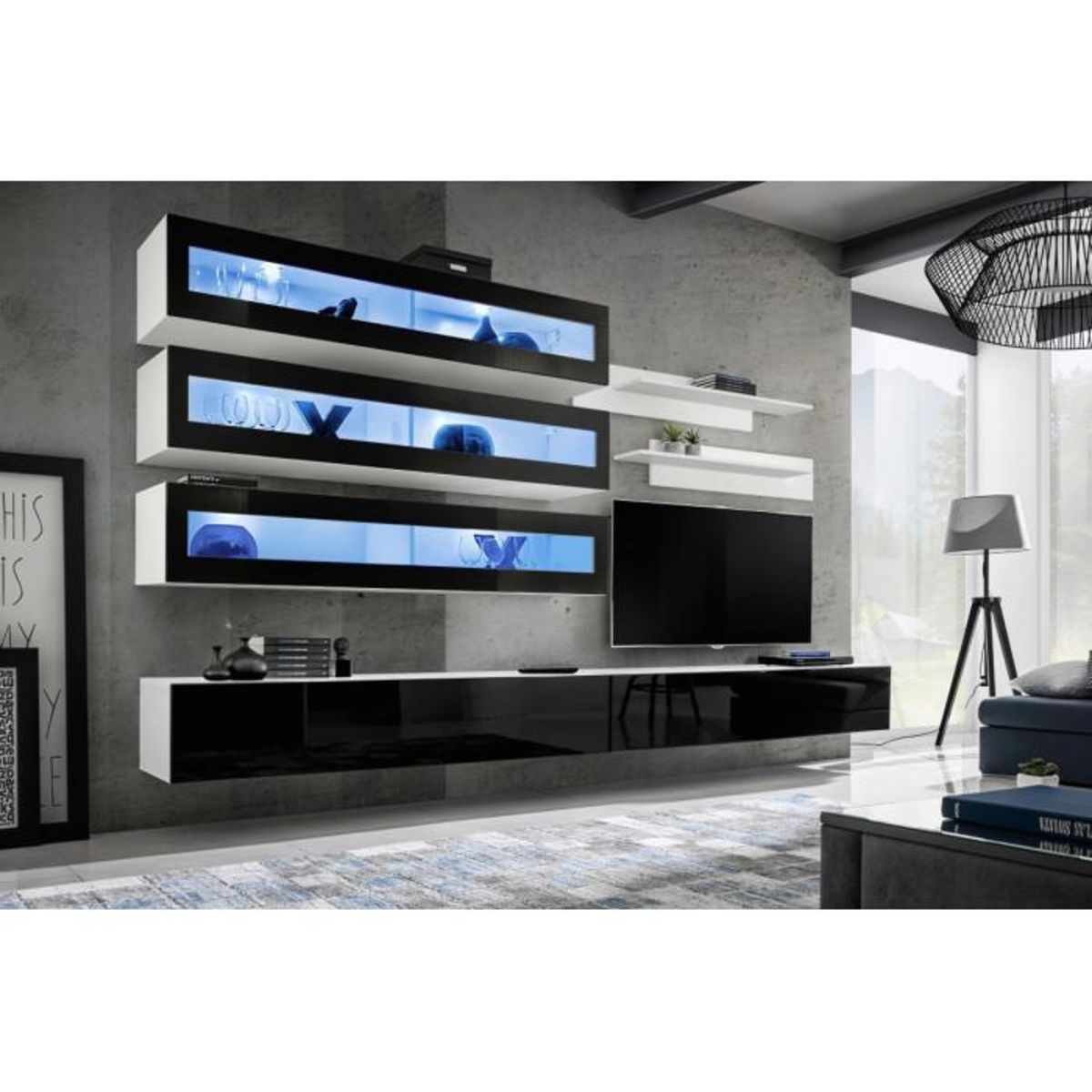 Paris Prix Meuble TV Mural Design  Fly X  320cm Noir & Blanc