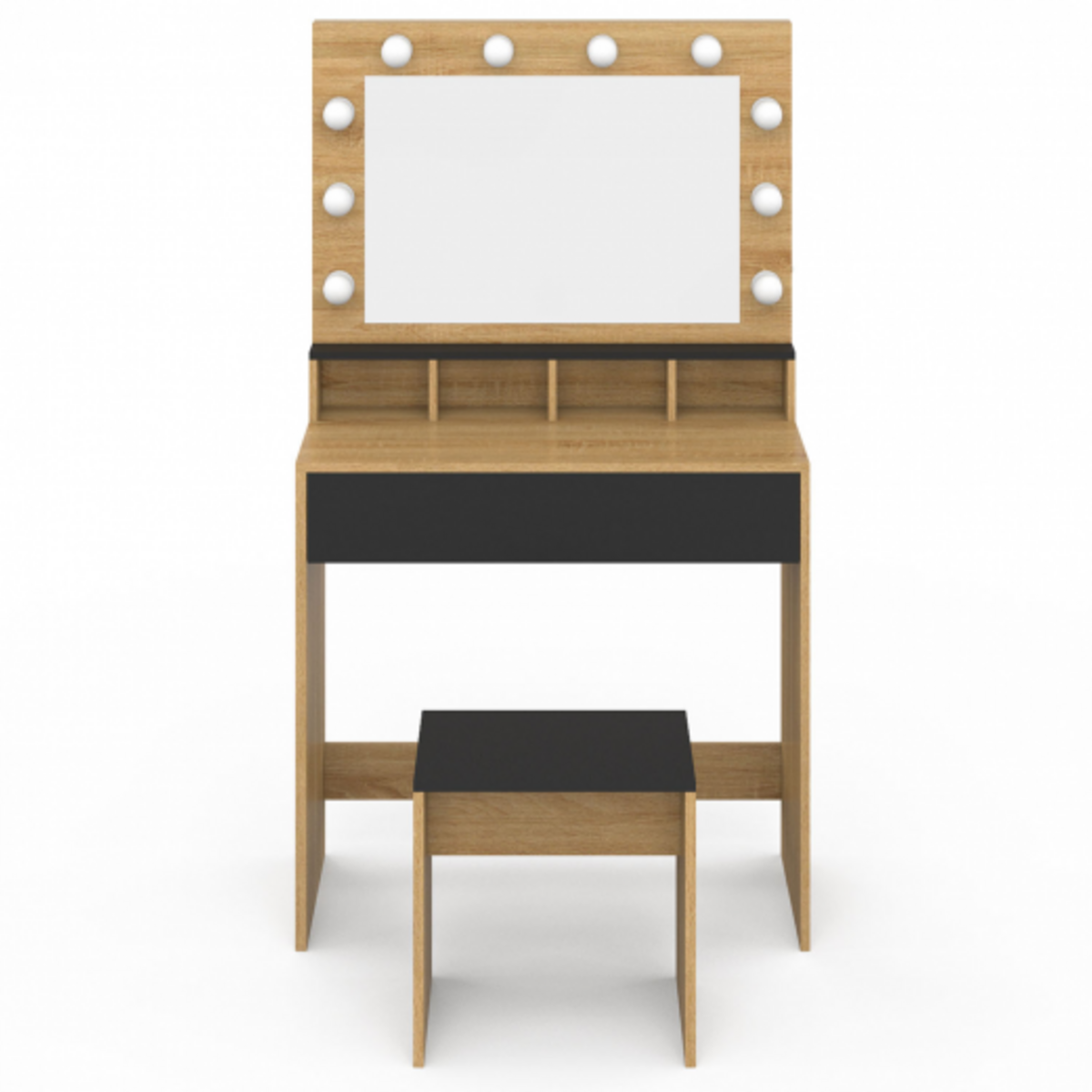 ID MARKET Coiffeuse ZELIA hêtre et noir miroir LED avec 4 niches, 1 tiroir et tabouret