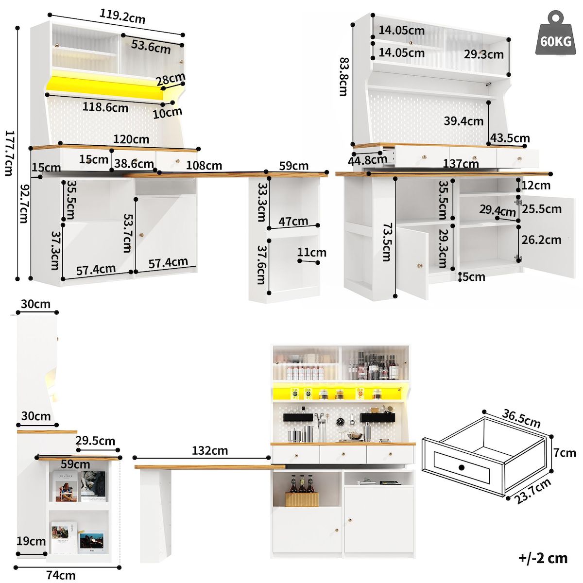 MERAX Buffet de cuisine 4 portes 3 tiroirs - 120 cm blanc led mdf