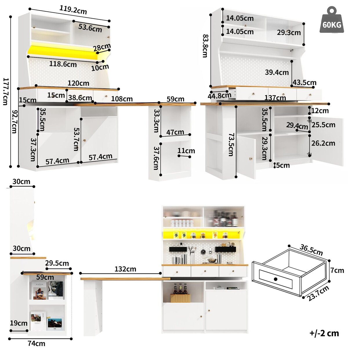 MERAX Buffet de cuisine 4 portes 3 tiroirs - 120 cm blanc led mdf