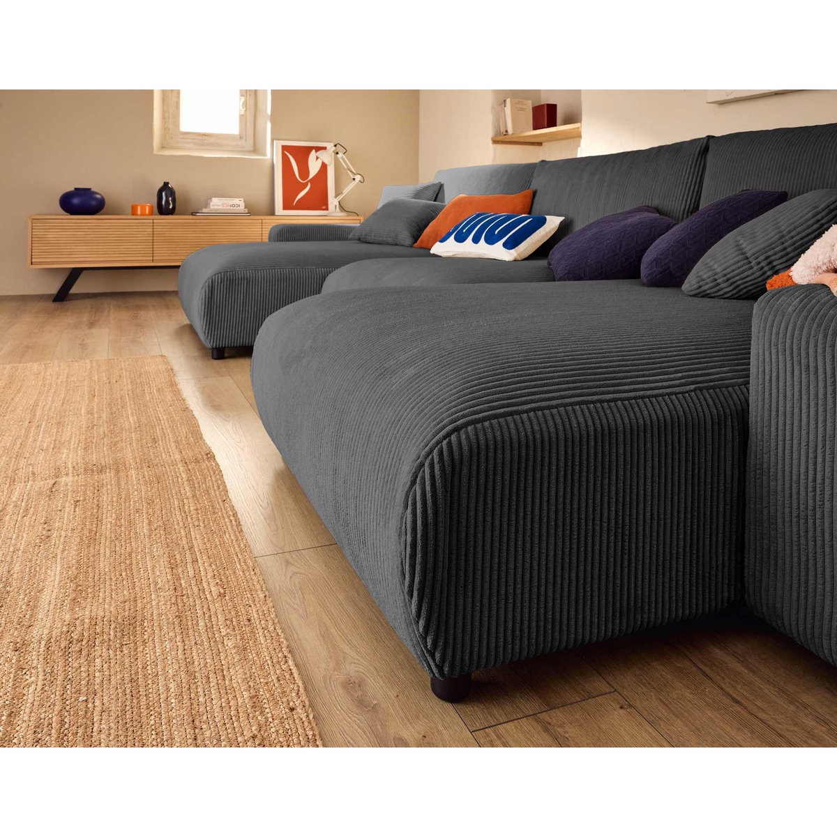 LISA DESIGN Pivoine - canapé panoramique en u - 7 places - convertible avec coffre - en velours côtelé