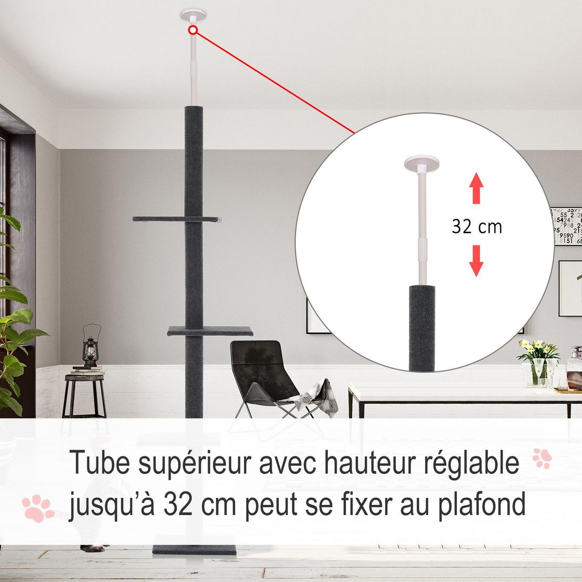 PAWHUT Arbre à chat poteau à griffer hauteur réglable dim. 43L x 27I x 228-260H cm 4 niveaux d'activités gris