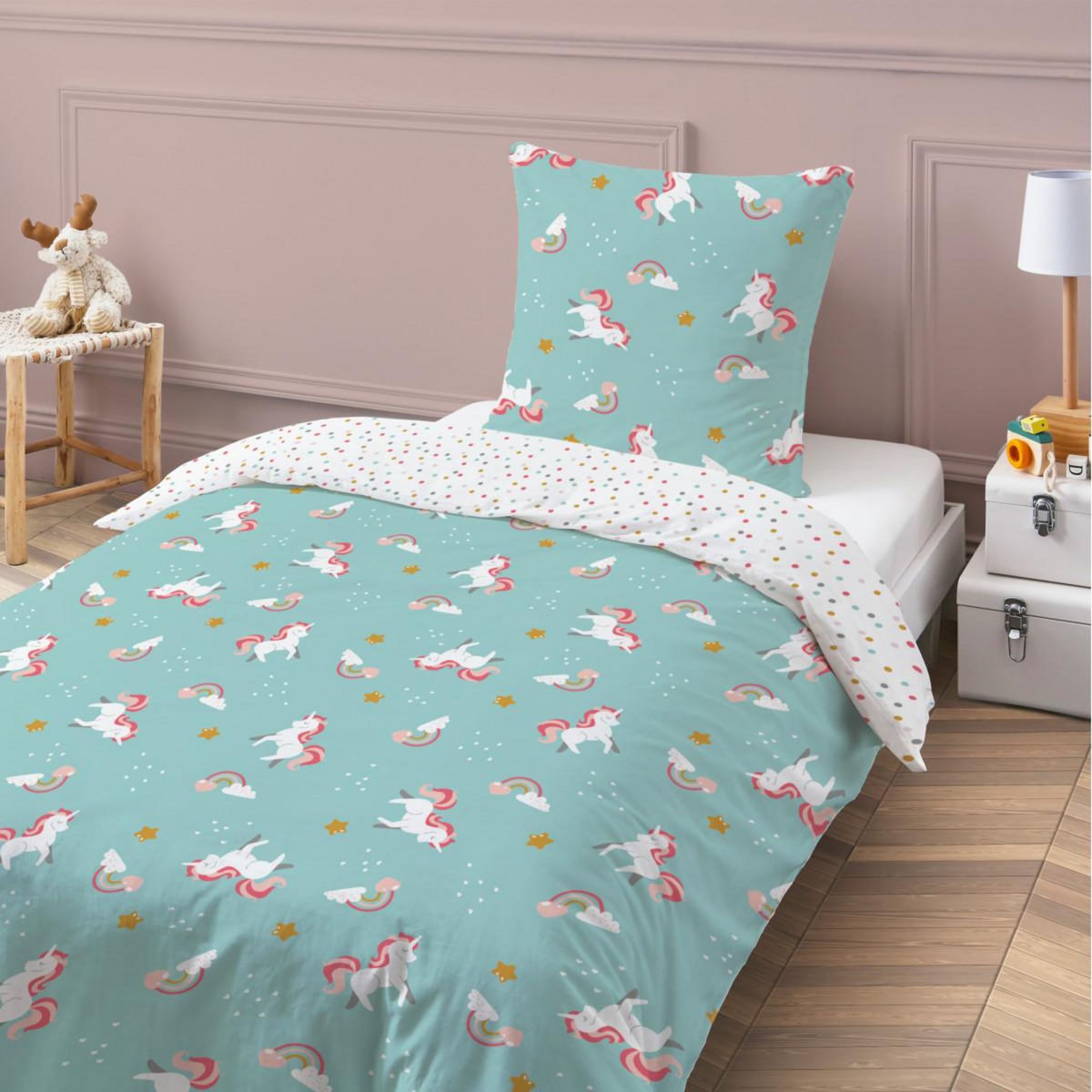 FUTURE HOME Parure de lit enfant réversible imprimé Licorne 140x200cm