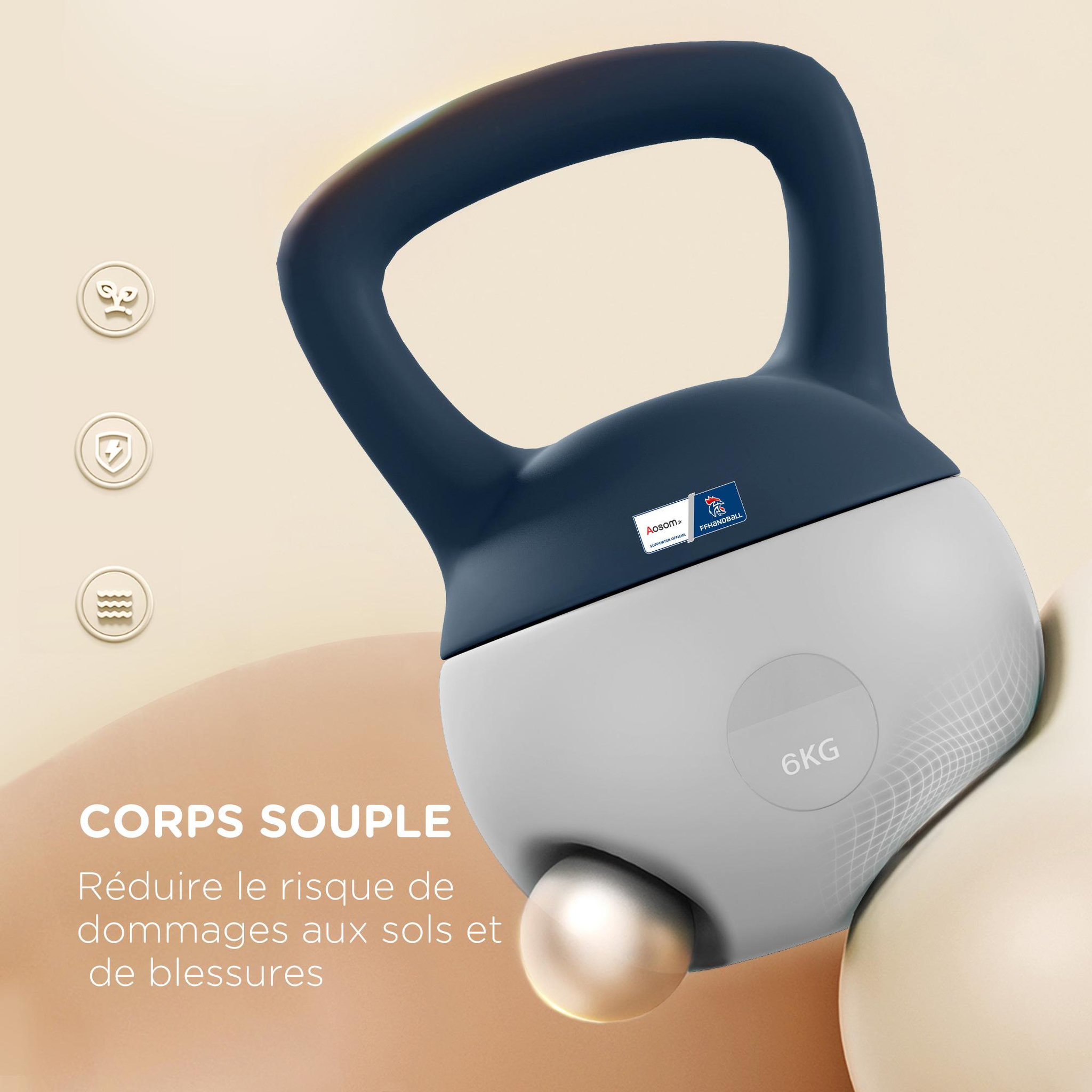Voir la diapositive 4 : HOMCOM Kettlebell 6 kg collaboration aosom.fr x ffhandball - prise ergonomique - pvc gris jaune