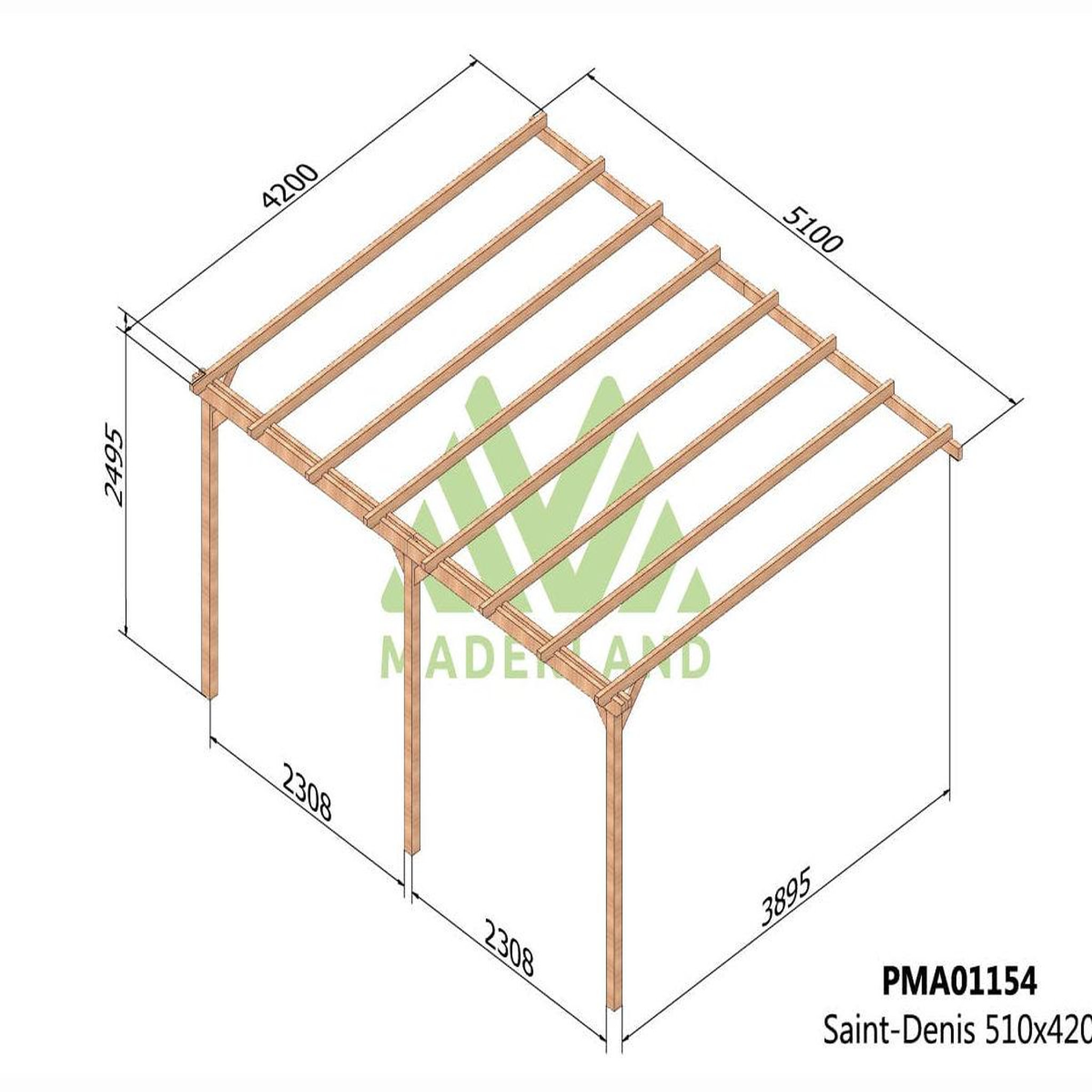Voir la diapositive 2 : JARDIDECO Pergola adossée en bois massif saint-denis 510 x 420 cm - maderland