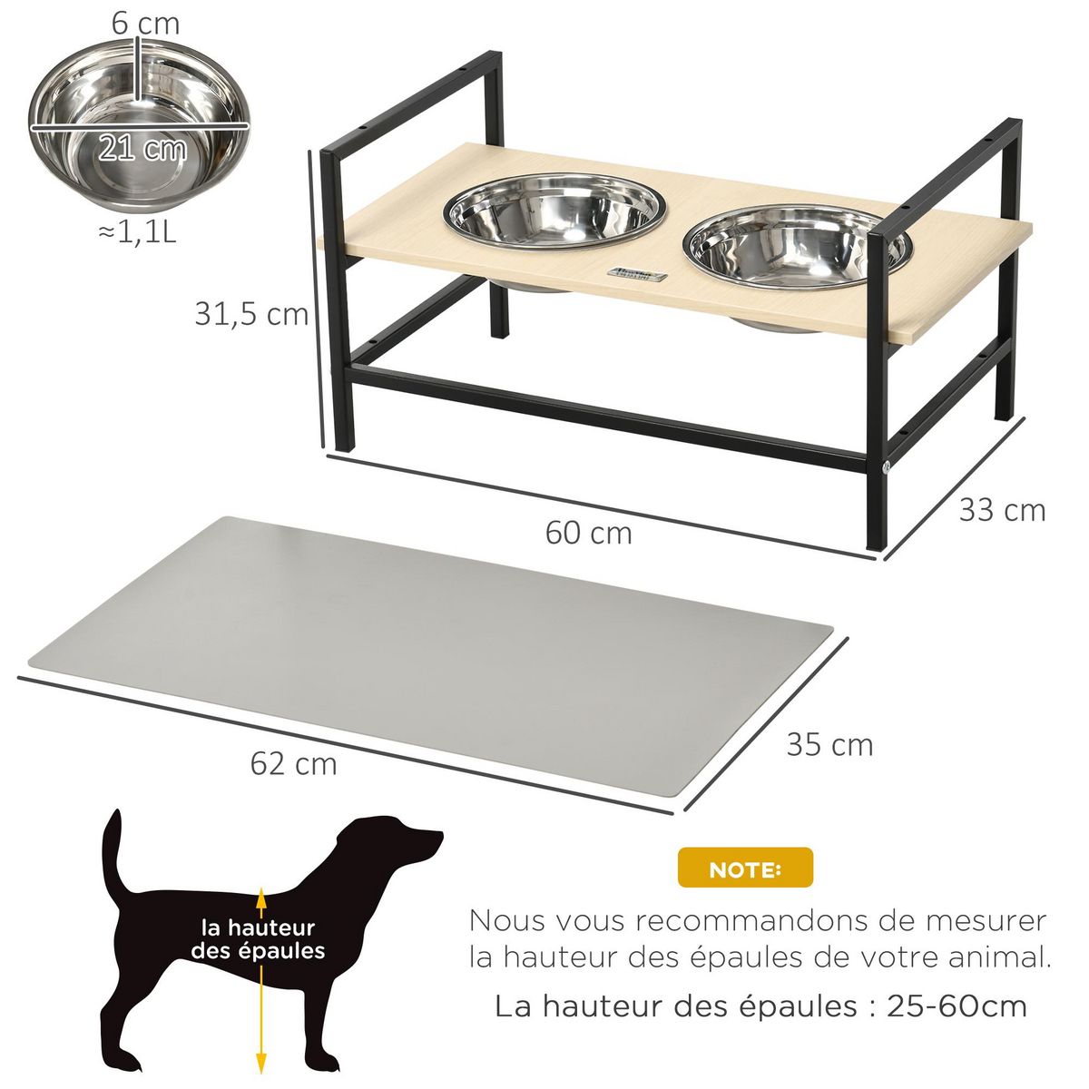 PAWHUT Gamelle double chien porte-gamelles surélevé réglable 2 gamelles acier inox et tapis inclus acier noir aspect bois clair