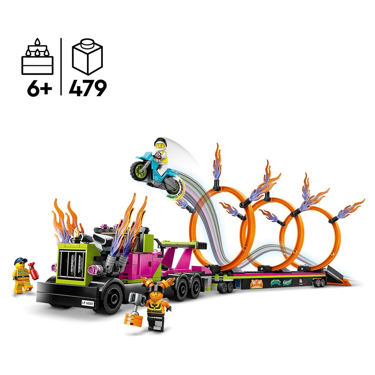 LEGO City 60357 - Le défi de cascade : les cercles de feu, Jouet Moto de Cascadeur avec Camion et Minifigurines