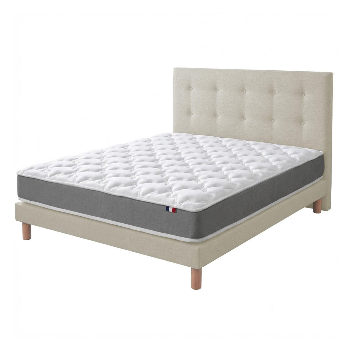 IDLITERIE Ensemble matelas mousse mousse, H16 cm, 25 kg/m³, sommier, tete de lit capitonnee beige 140 x 190 cm