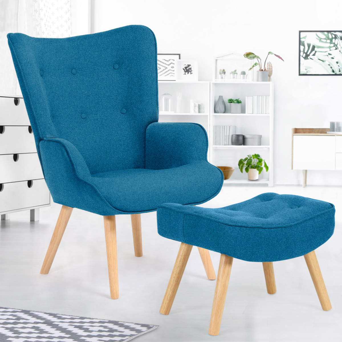 ID MARKET Fauteuil scandinave IVAR avec repose pieds bleu canard
