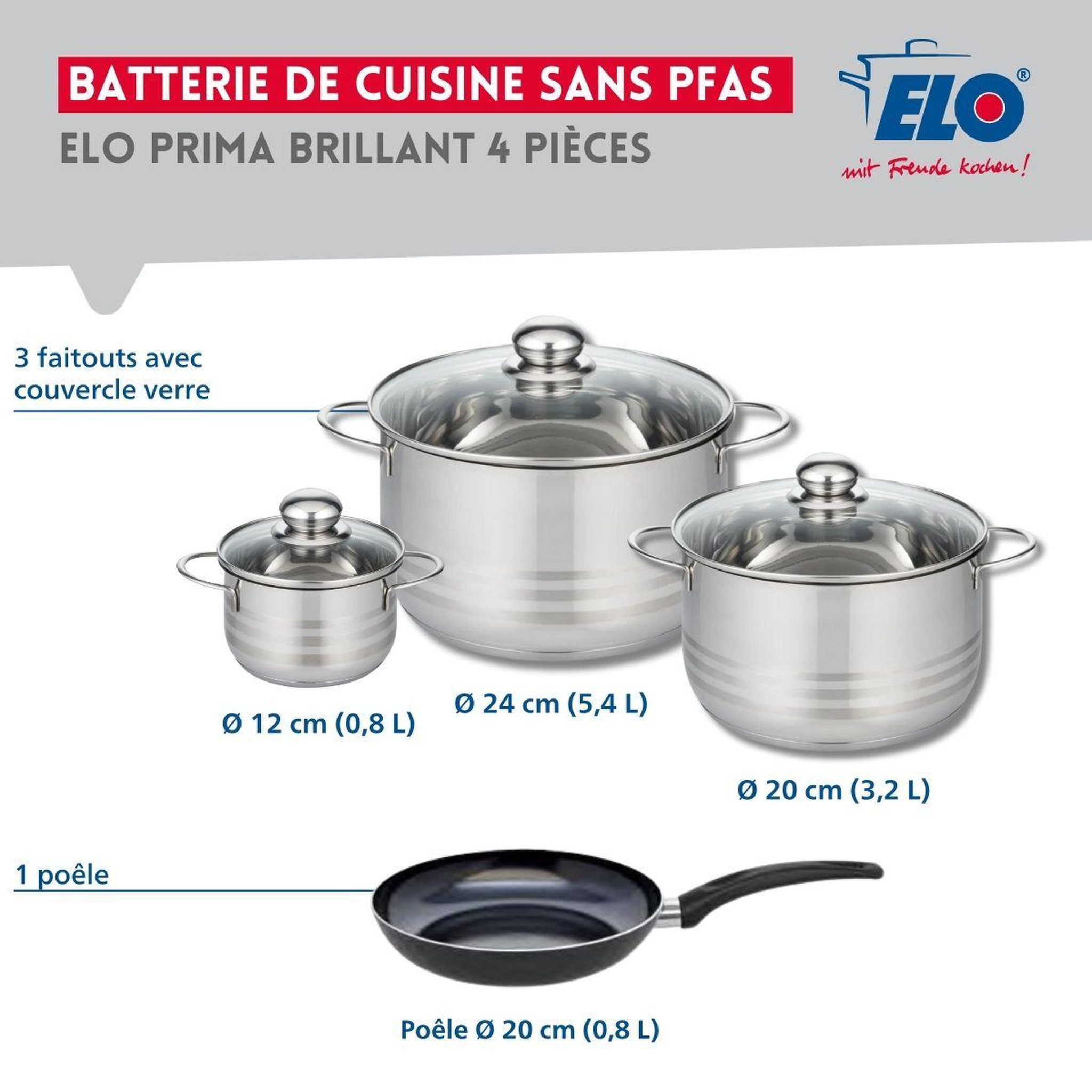Voir la diapositive 2 : ELO Ensemble de 1 poêle de cuisson 20 cm et 3 faitouts 12, 20 et 24 cm elo prima brillant