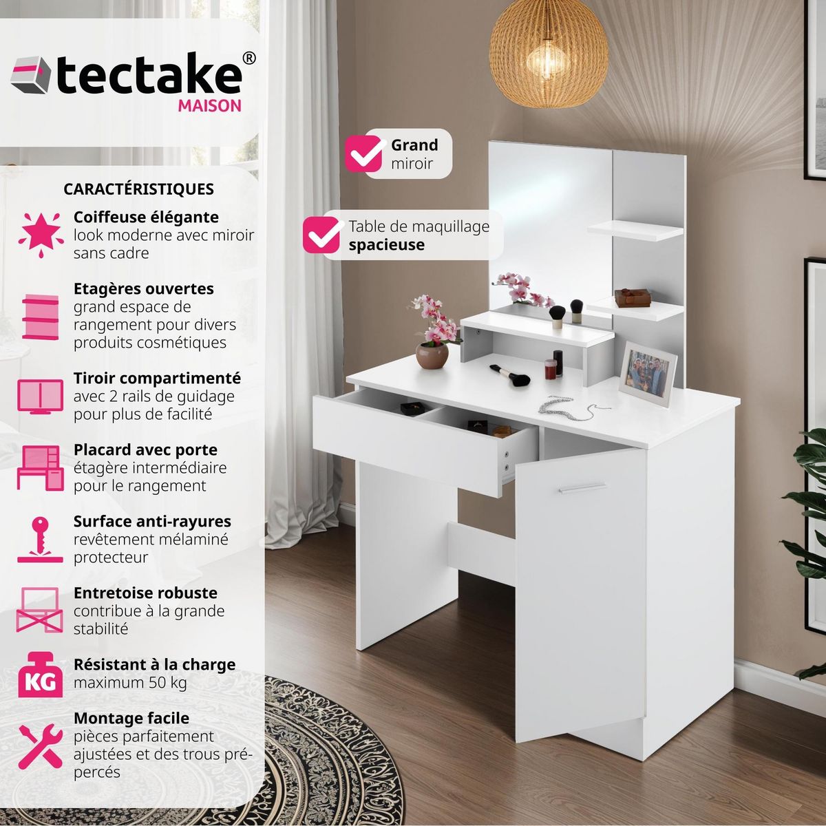tectake Coiffeuse table de maquillage au look moderne blanc