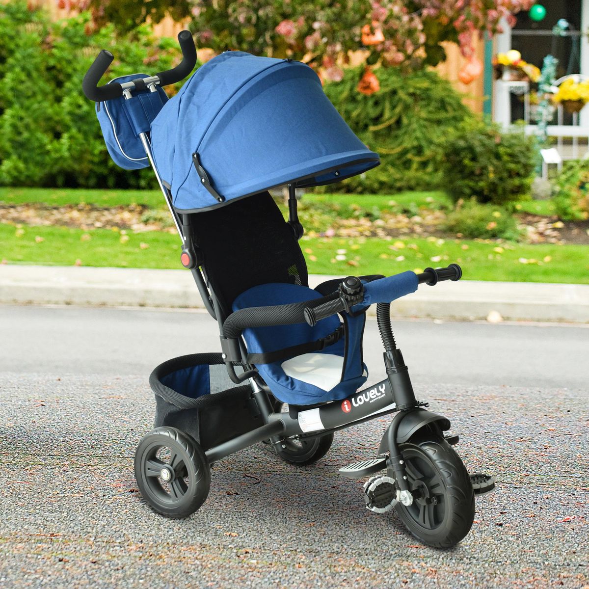 HOMCOM Tricycle enfants évolutif canne  et pare-soleil pliable amovible sacoche et panier 102 x 49l x 102 cm acier bleu