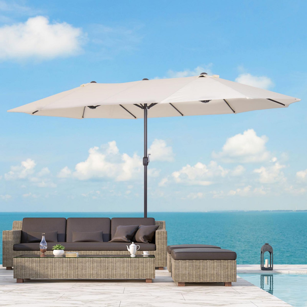 OUTSUNNY Parasol de jardin XXL parasol grande taille 4,6L x 2,7l x 2,4H m ouverture fermeture manivelle acier polyester haute densité crème
