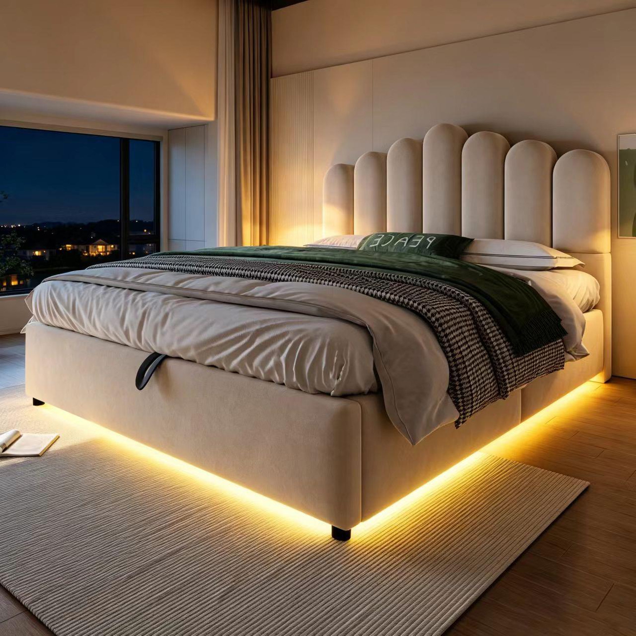 Voir la diapositive 4 : MERAX Lit coffre velours avec led, tête de lit capitonnée et sommier à lattes