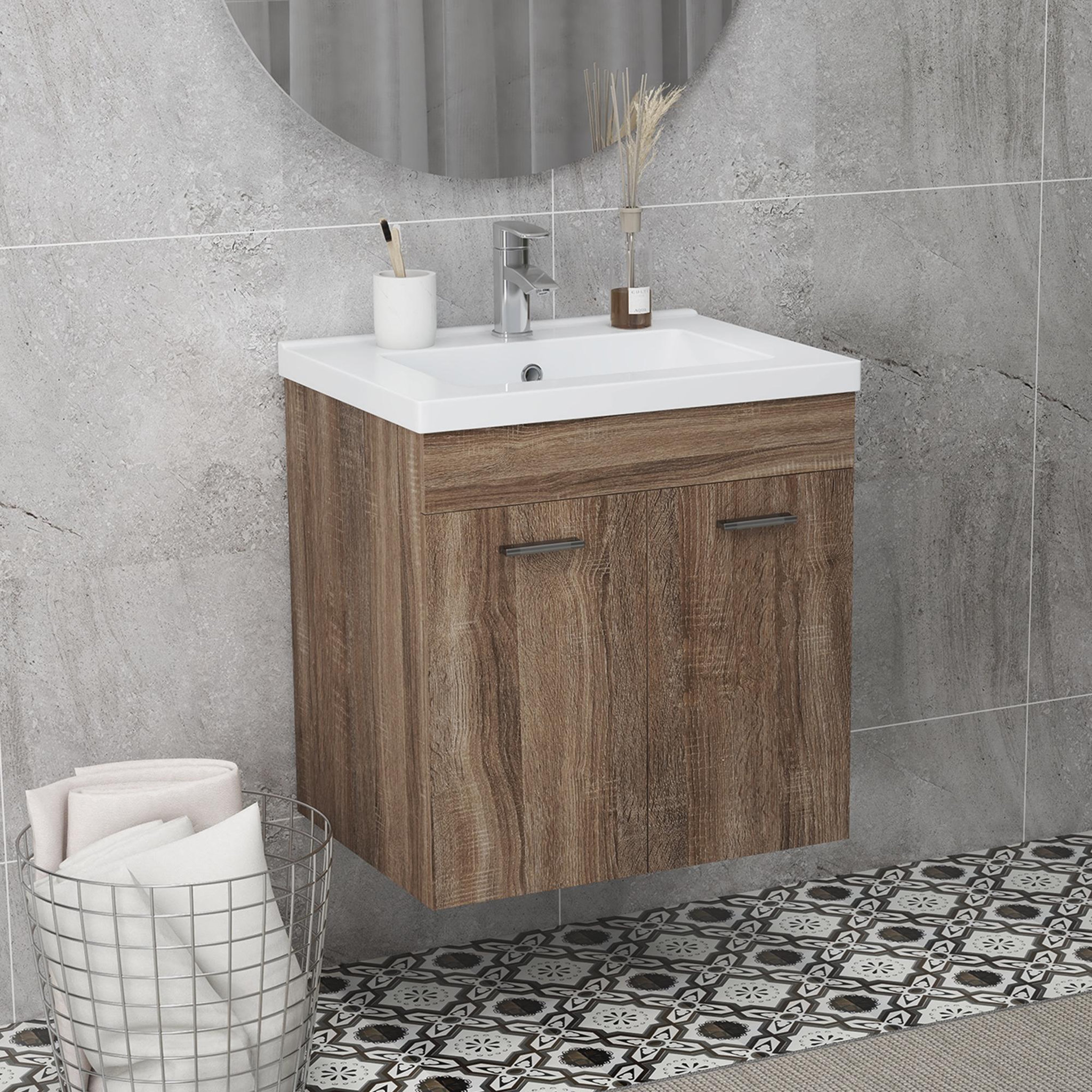 Voir la diapositive 2 : KLEANKIN Meuble sous-vasque suspendu - vasque céramique incluse - 2 portes, étagère - dim. 60L x 45l x 60H cm - aspect bois