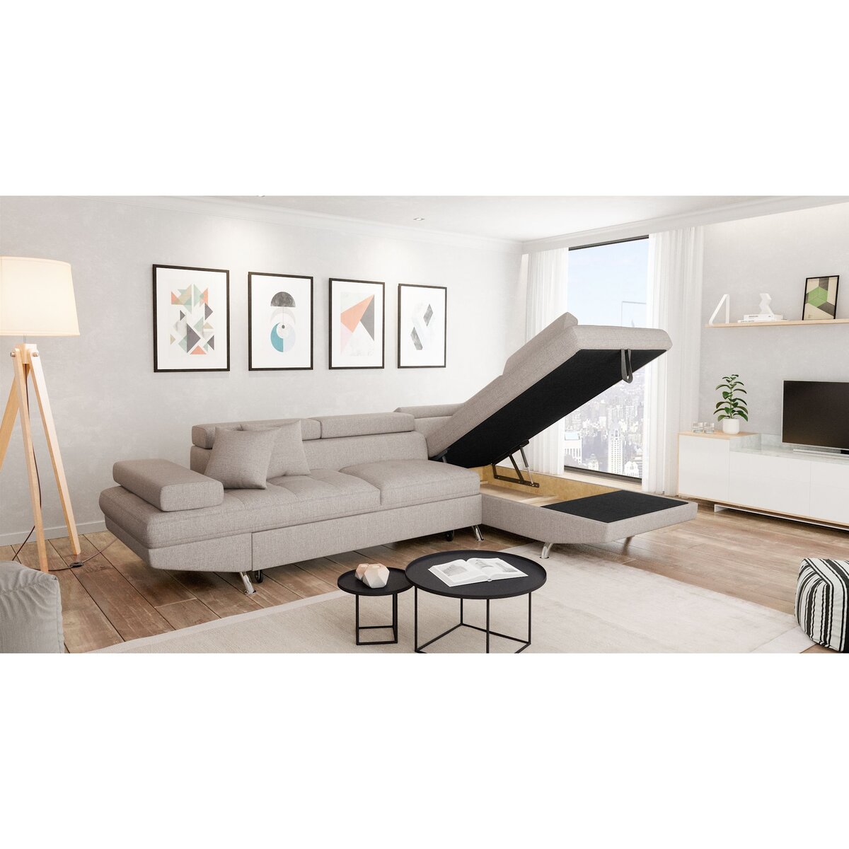 Canapé d'angle droit convertible 4 à 5 places CHICAGO, tissu beige